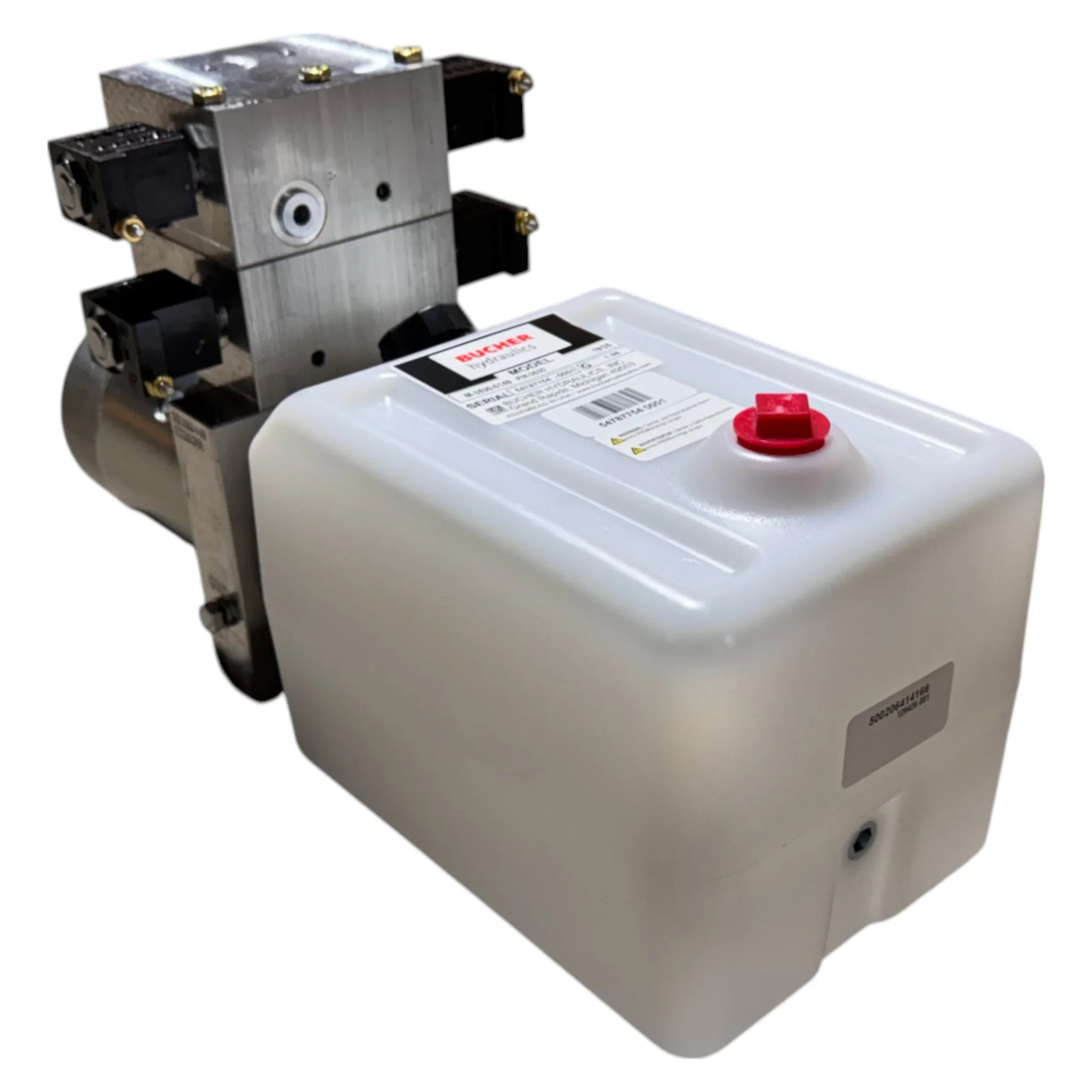 A white plastic fluid reservoir with a red cap is mounted to a Bucher Hydraulics, Inc. Bucher 4 Way Pump hydraulic assembly, which features an adjustable relief valve.