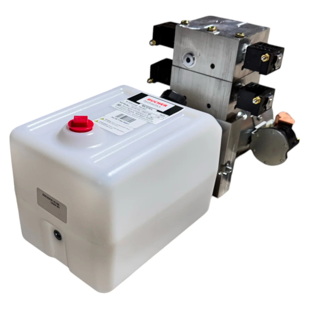 The Bucher 4 Way Pump by Bucher Hydraulics, Inc. features a white plastic reservoir, metal components, and an adjustable relief valve for precise pressure control.