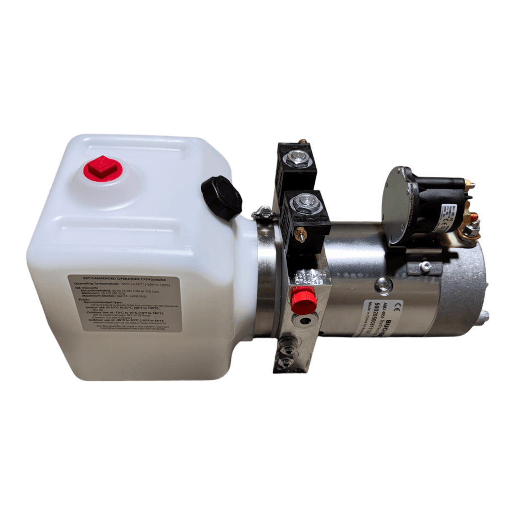 The Bucher Hydraulics, Inc. Bucher Pump 2 Way (Power Up / Power Down) features a 1.5 gal. poly reservoir and a 12V DC double-acting hydraulic pump, set against a white background.