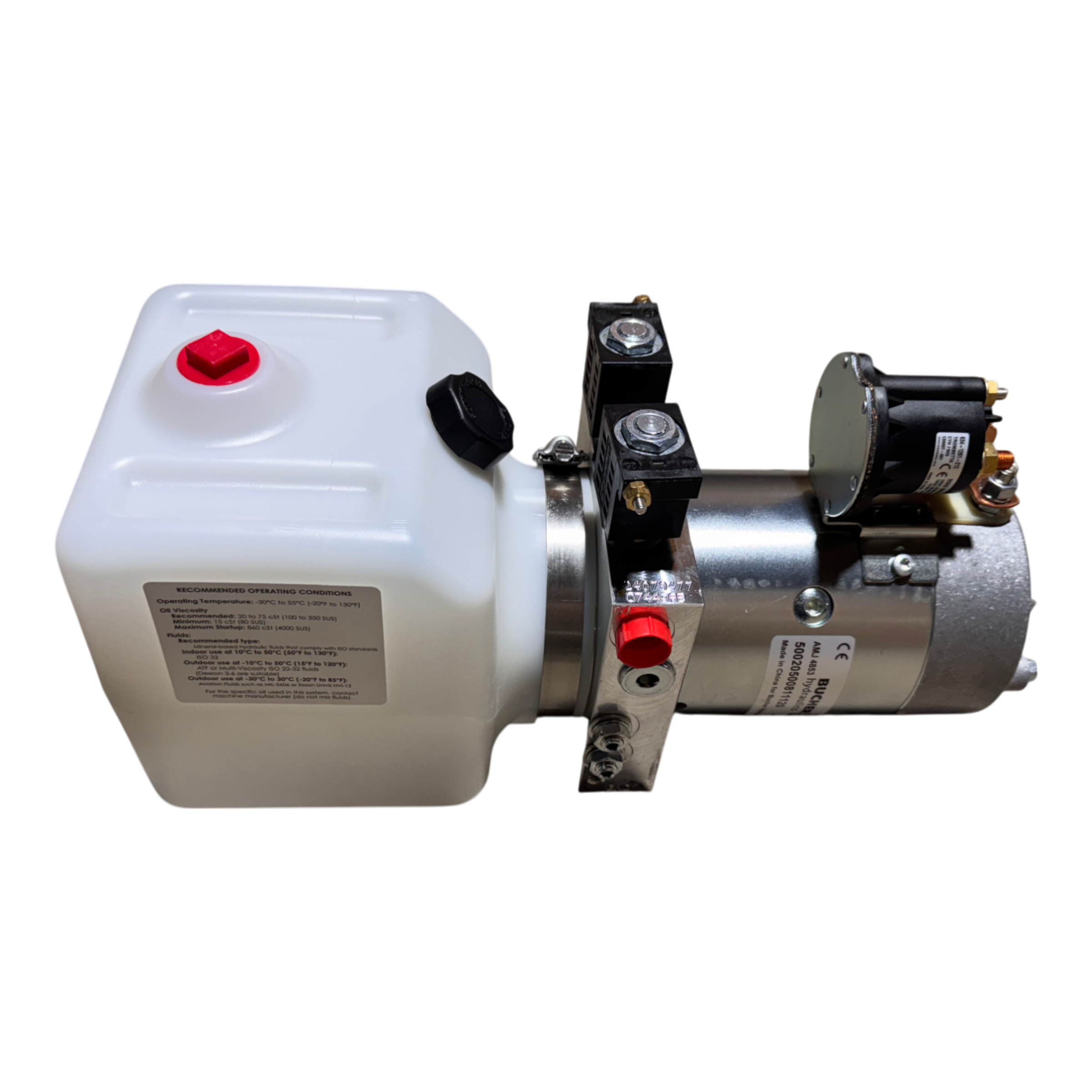 Bucher Hydraulics, Inc. Bucher Pump 2 Way (Power Up / Power Down) features a 1.5 gal. poly reservoir and metal motor assembly, shown isolated on a white background.