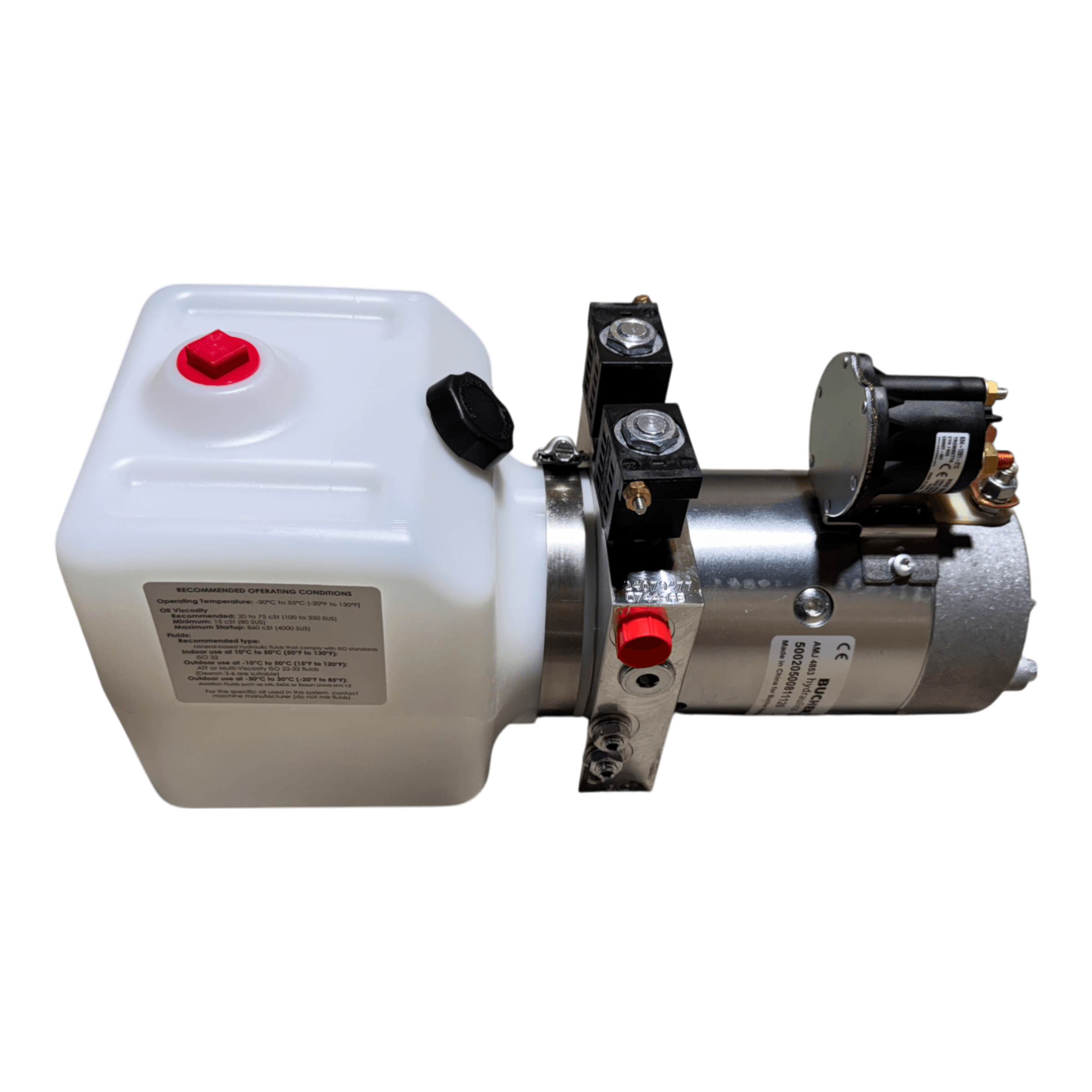 The Bucher Hydraulics, Inc. Bucher Pump 2 Way (Power Up / Power Down) features a 1.5 gal. poly reservoir and a 12V DC double-acting hydraulic pump, set against a white background.