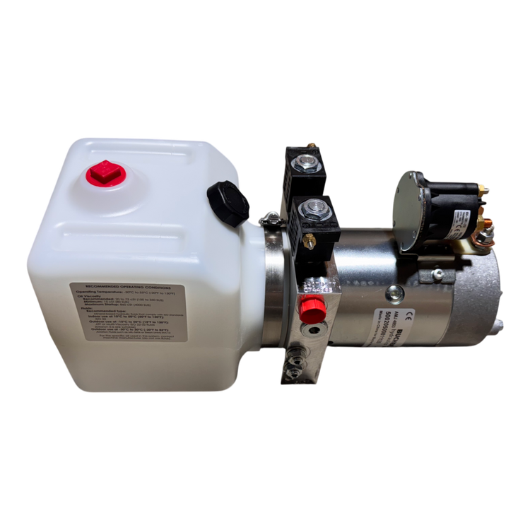 Bucher Hydraulics, Inc. Bucher Pump 2 Way (Power Up / Power Down) features a 1.5 gal. poly reservoir and metal motor assembly, shown isolated on a white background.