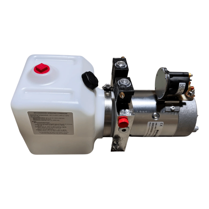 The Bucher Hydraulics, Inc. Bucher Pump 2 Way (Power Up / Power Down) features a 1.5 gal. poly reservoir and a 12V DC double-acting hydraulic pump, set against a white background.