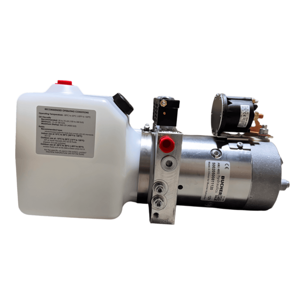 The Bucher Hydraulics, Inc. Bucher Pump 2 Way (Power Up / Power Down) features a white 1.5 gal. poly reservoir and a 12V DC motor with a double-acting hydraulic pump, shown against a white background.