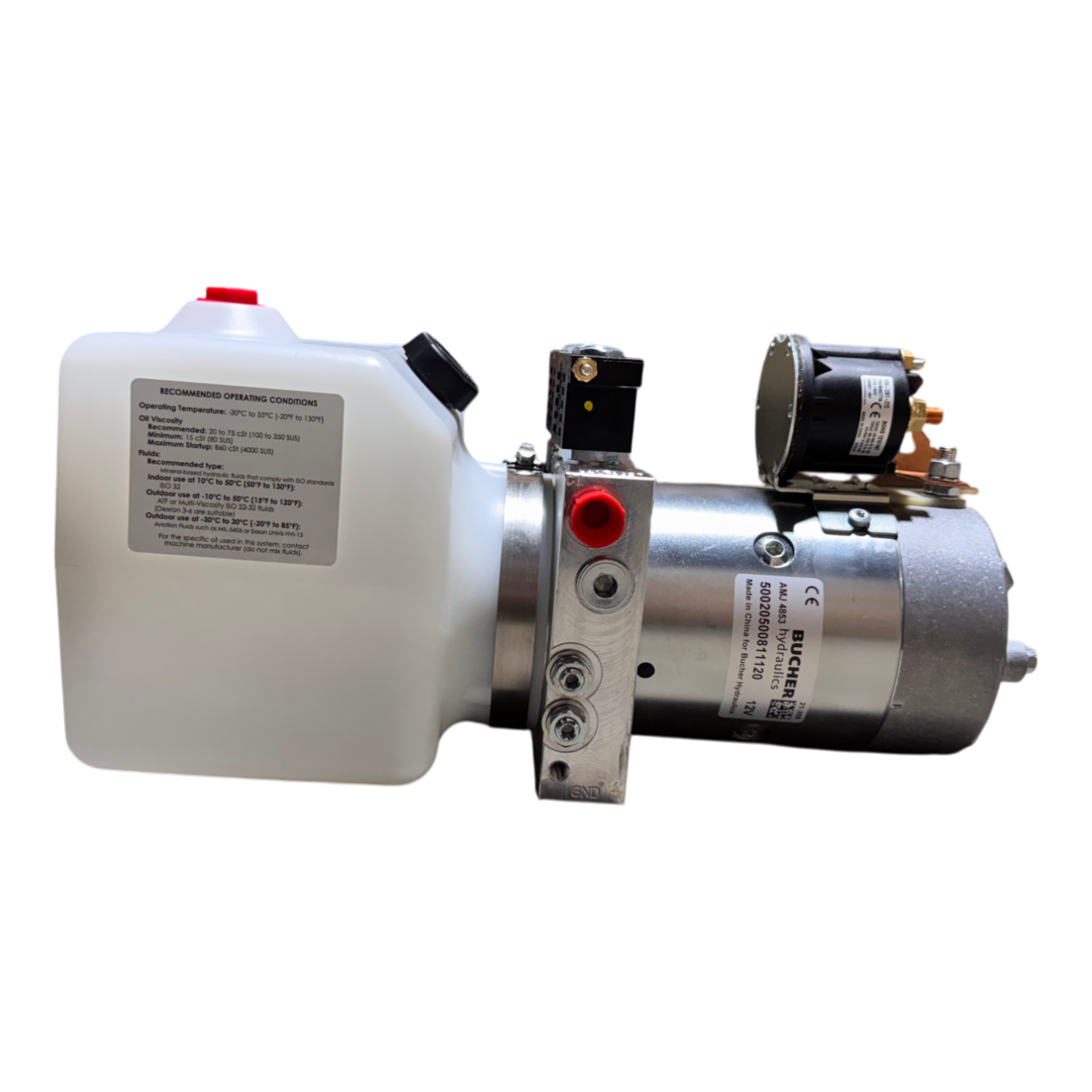 Bucher Hydraulics, Inc. Bucher Pump 2 Way (Power Up / Power Down) with 1.5 gal. poly reservoir, motor, and metal mounting brackets, shown isolated on a white background.