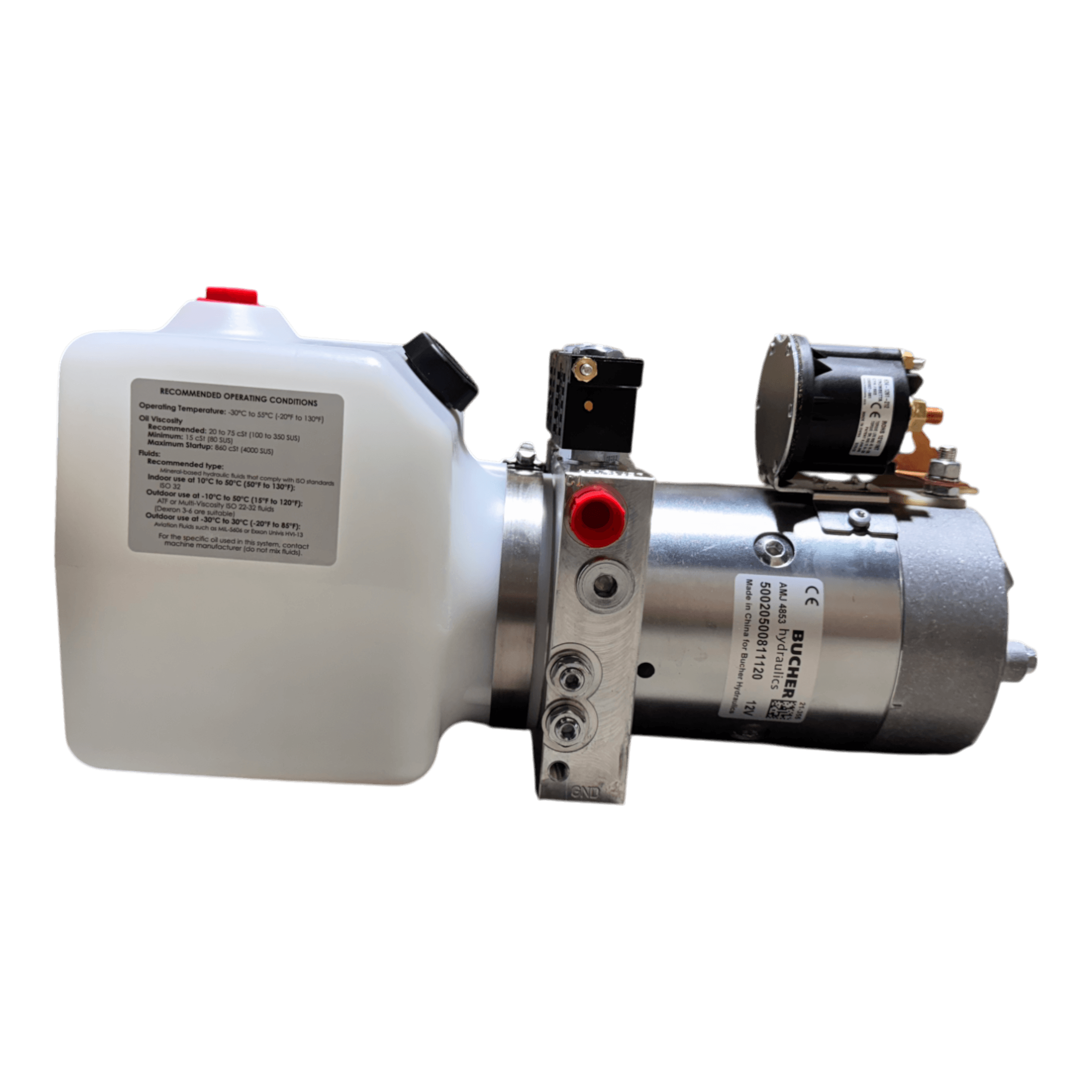 The Bucher Hydraulics, Inc. Bucher Pump 2 Way (Power Up / Power Down) features a white 1.5 gal. poly reservoir and a 12V DC motor with a double-acting hydraulic pump, shown against a white background.