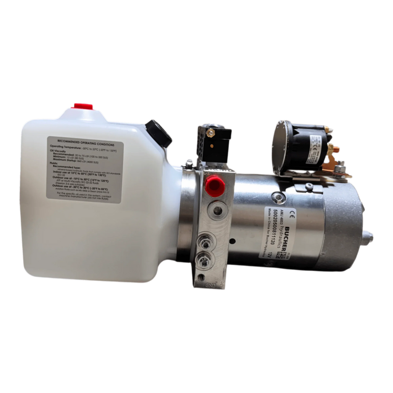 The Bucher Hydraulics, Inc. Bucher Pump 2 Way (Power Up / Power Down) features a white 1.5 gal. poly reservoir and a 12V DC motor with a double-acting hydraulic pump, shown against a white background.