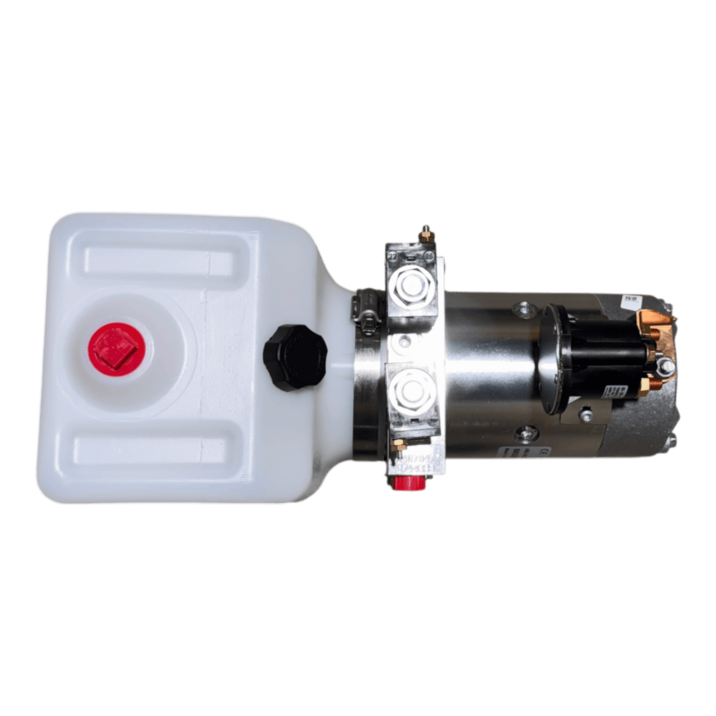 The Bucher Hydraulics, Inc. Bucher Pump 2 Way features power up/power down operation, a 1.5-gal poly reservoir, and a 12V DC motor in a silver metal housing for efficient double-acting hydraulic performance.