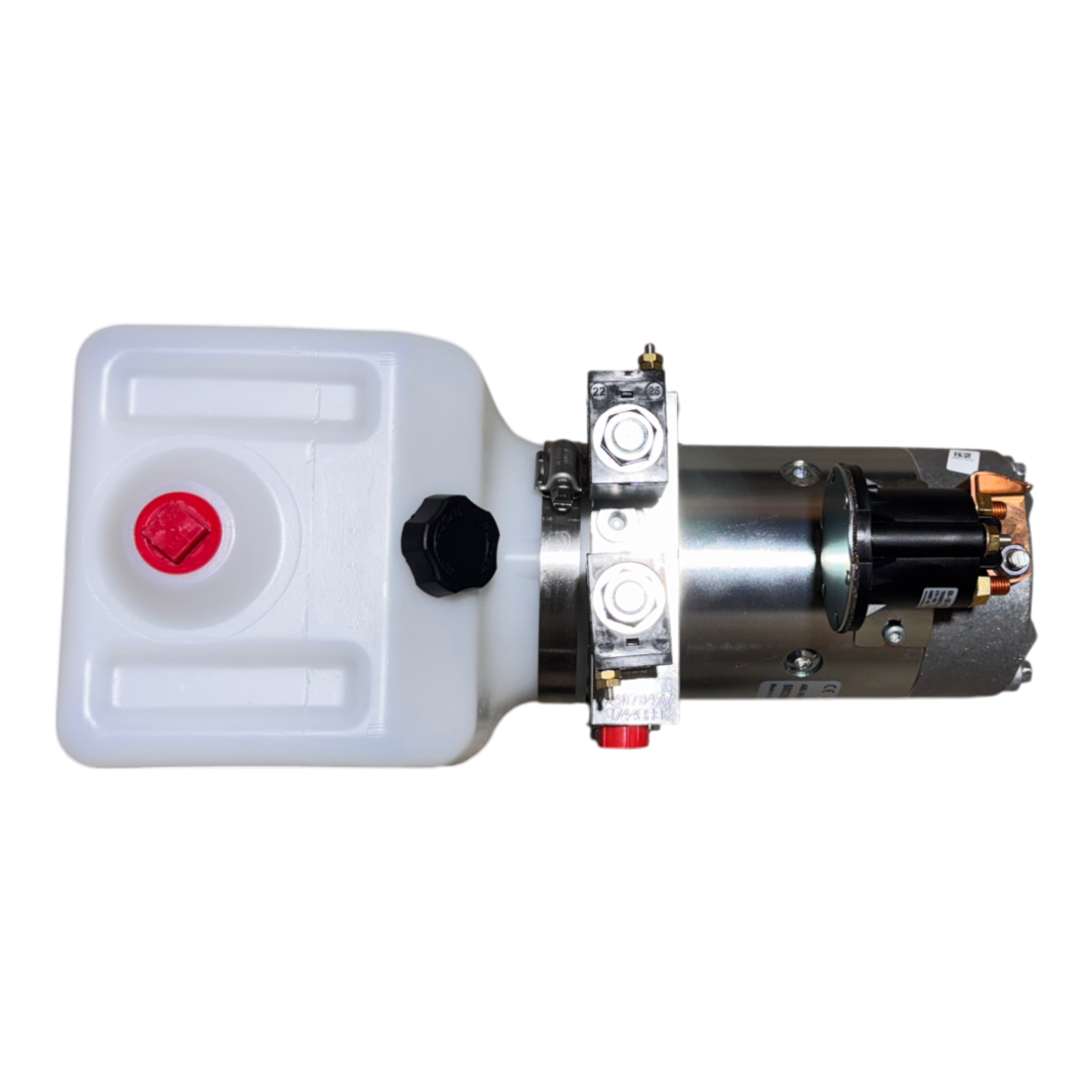 Bucher Hydraulics, Inc. Bucher Pump 2 Way (Power Up / Power Down) hydraulic unit with 1.5 gal. poly reservoir and metal motor components, shown from above.