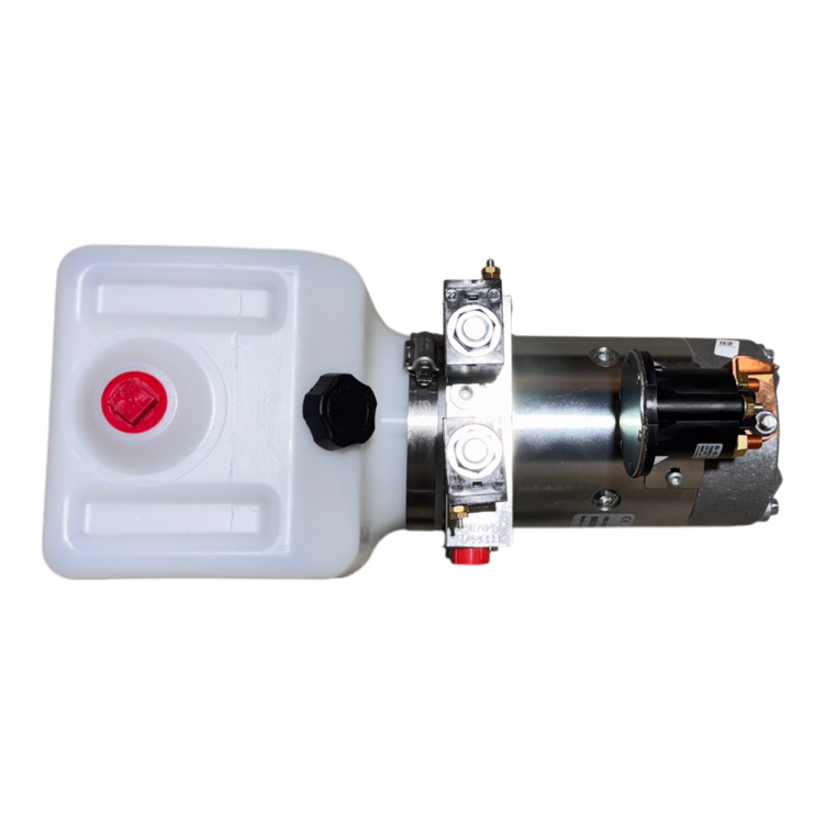 Bucher Hydraulics, Inc. Bucher Pump 2 Way (Power Up / Power Down) hydraulic unit with 1.5 gal. poly reservoir and metal motor components, shown from above.