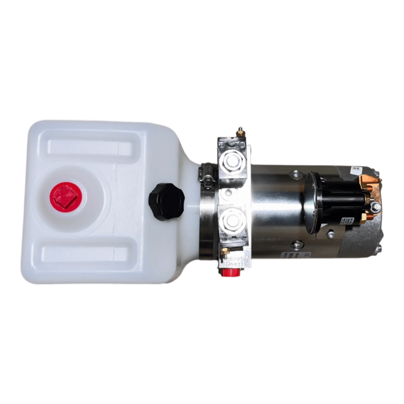 The Bucher Hydraulics, Inc. Bucher Pump 2 Way features power up/power down operation, a 1.5-gal poly reservoir, and a 12V DC motor in a silver metal housing for efficient double-acting hydraulic performance.