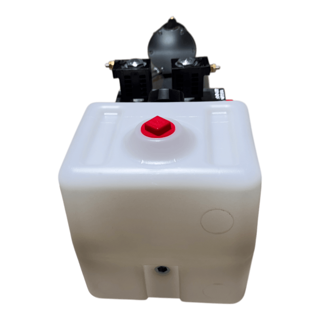 The Bucher Pump 2 Way (Power Up / Power Down) 1.5 gal. Poly Reservoir by Bucher Hydraulics, Inc. is a white plastic tank with a red cap and black top components, featuring a 12V DC motor for double-acting hydraulic pump operation.