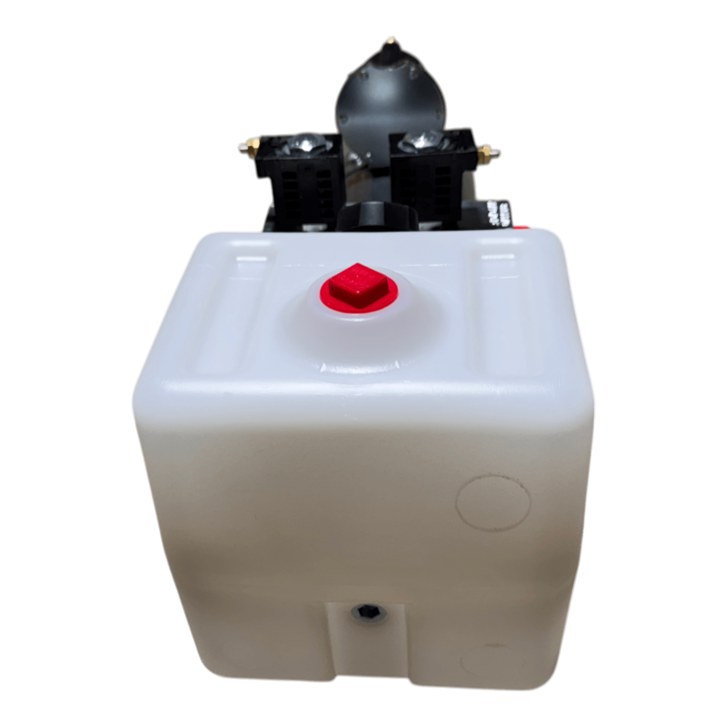 The Bucher Pump 2 Way (Power Up / Power Down) 1.5 gal. Poly Reservoir by Bucher Hydraulics, Inc. is a white plastic tank with a red cap and black top components, featuring a 12V DC motor for double-acting hydraulic pump operation.