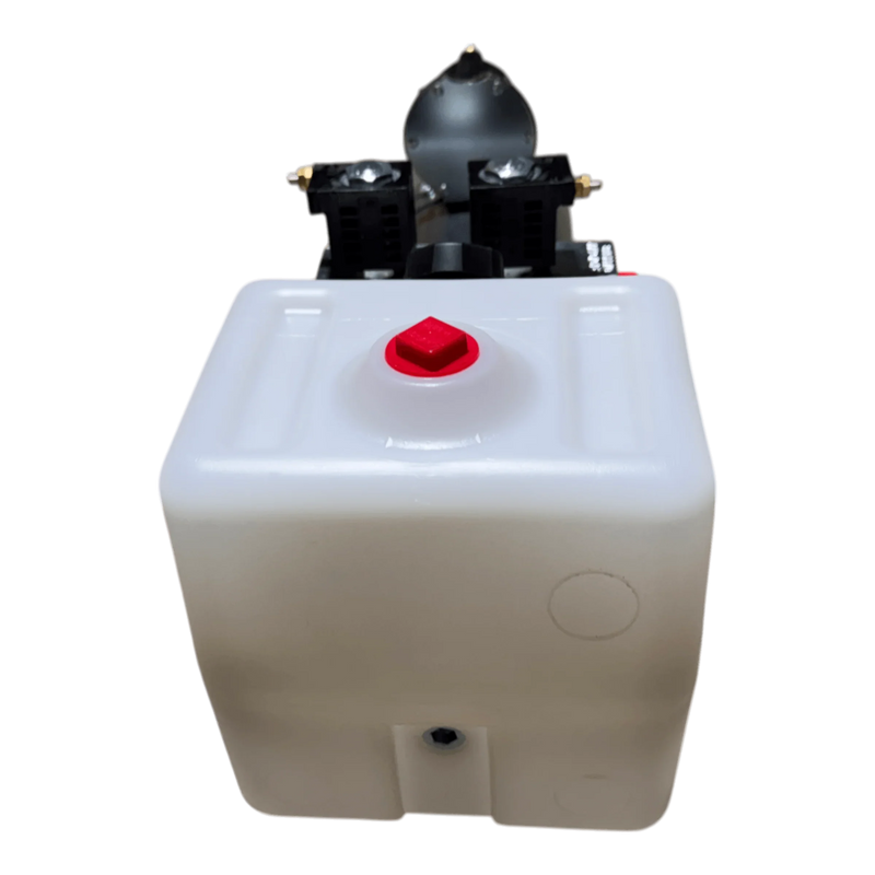The Bucher Pump 2 Way (Power Up / Power Down) 1.5 gal. Poly Reservoir by Bucher Hydraulics, Inc. is a white plastic tank with a red cap and black top components, featuring a 12V DC motor for double-acting hydraulic pump operation.