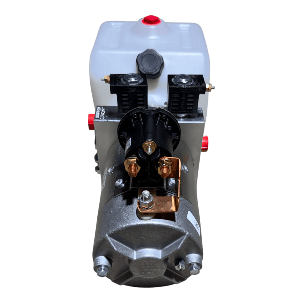 A front close-up of the Bucher Hydraulics, Inc. Pump 2 Way (Power Up / Power Down) with a 1.5 gal. poly reservoir and metal parts, featuring a 12V DC motor.