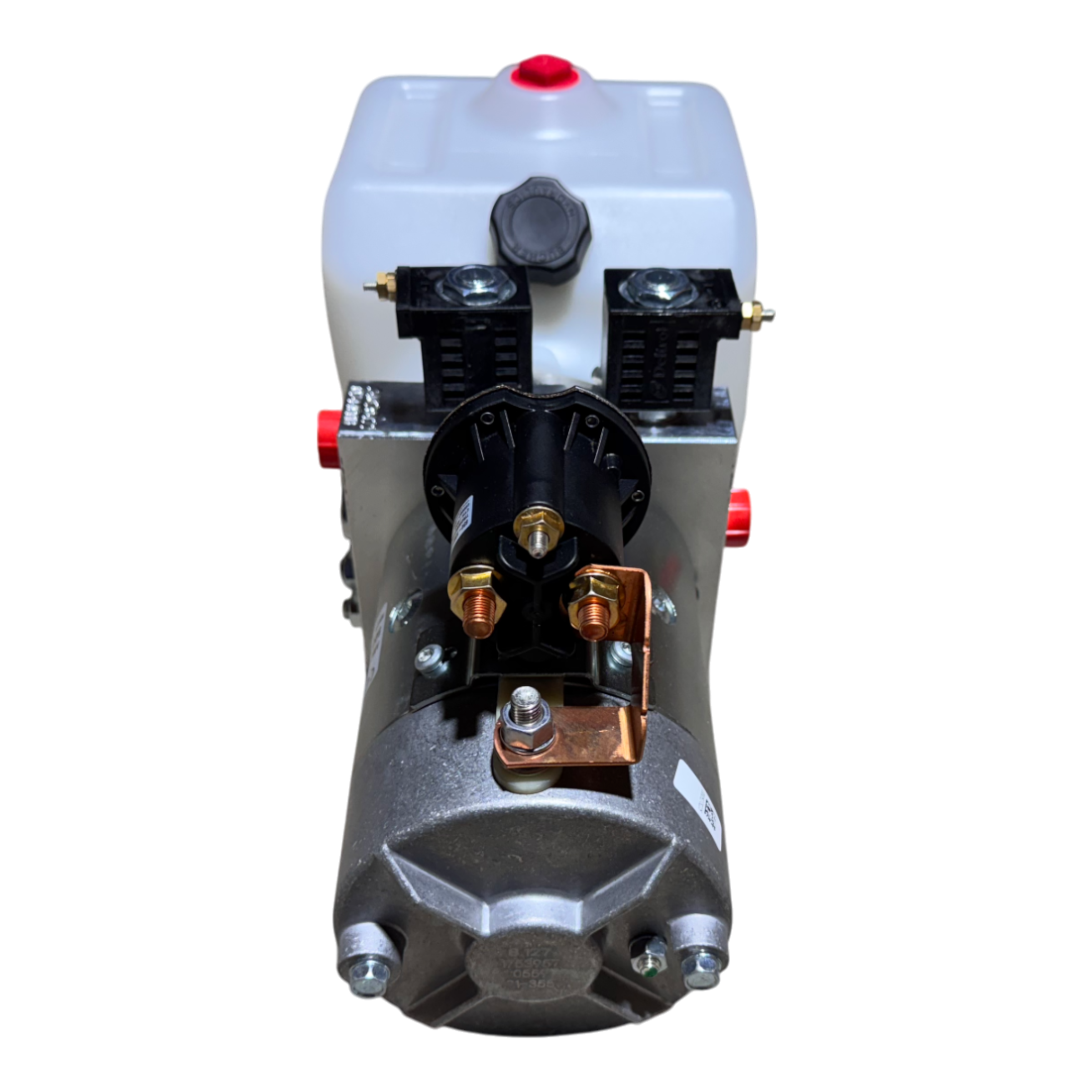 Front view of the Bucher Hydraulics, Inc. Bucher Pump 2 Way (Power Up / Power Down) with a 1.5 gal poly reservoir featuring a metal mechanism, white plastic tank, and multiple knobs and connectors.