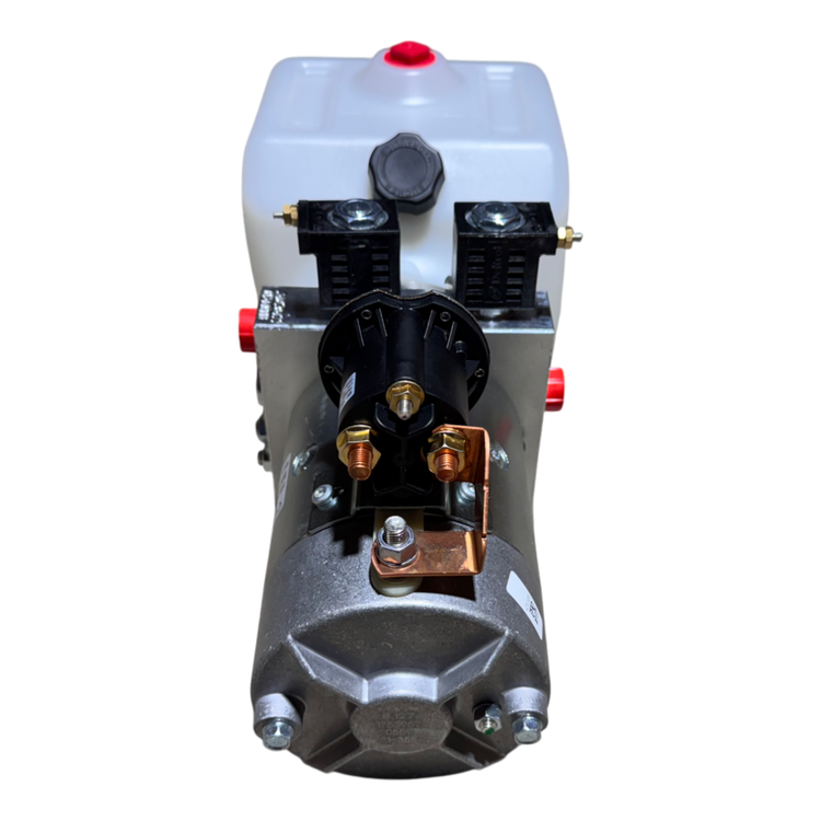 Front view of the Bucher Hydraulics, Inc. Bucher Pump 2 Way (Power Up / Power Down) with a 1.5 gal poly reservoir featuring a metal mechanism, white plastic tank, and multiple knobs and connectors.
