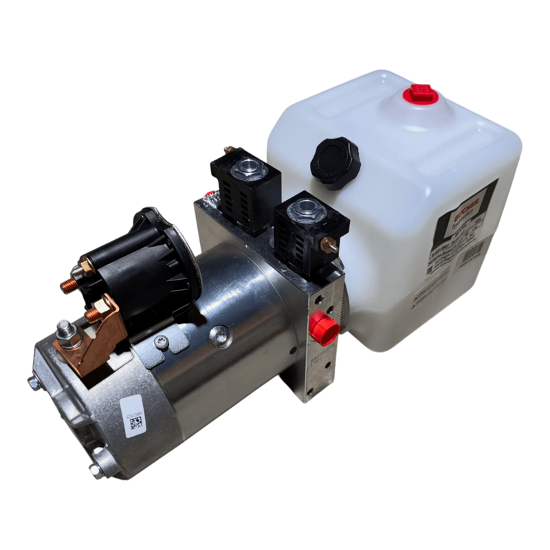 The Bucher Pump 2 Way (Power Up / Power Down) by Bucher Hydraulics, Inc. features a 1.5 gal. poly reservoir and 12V DC motor with solenoid valves—ideal as a double-acting hydraulic pump for versatile applications.