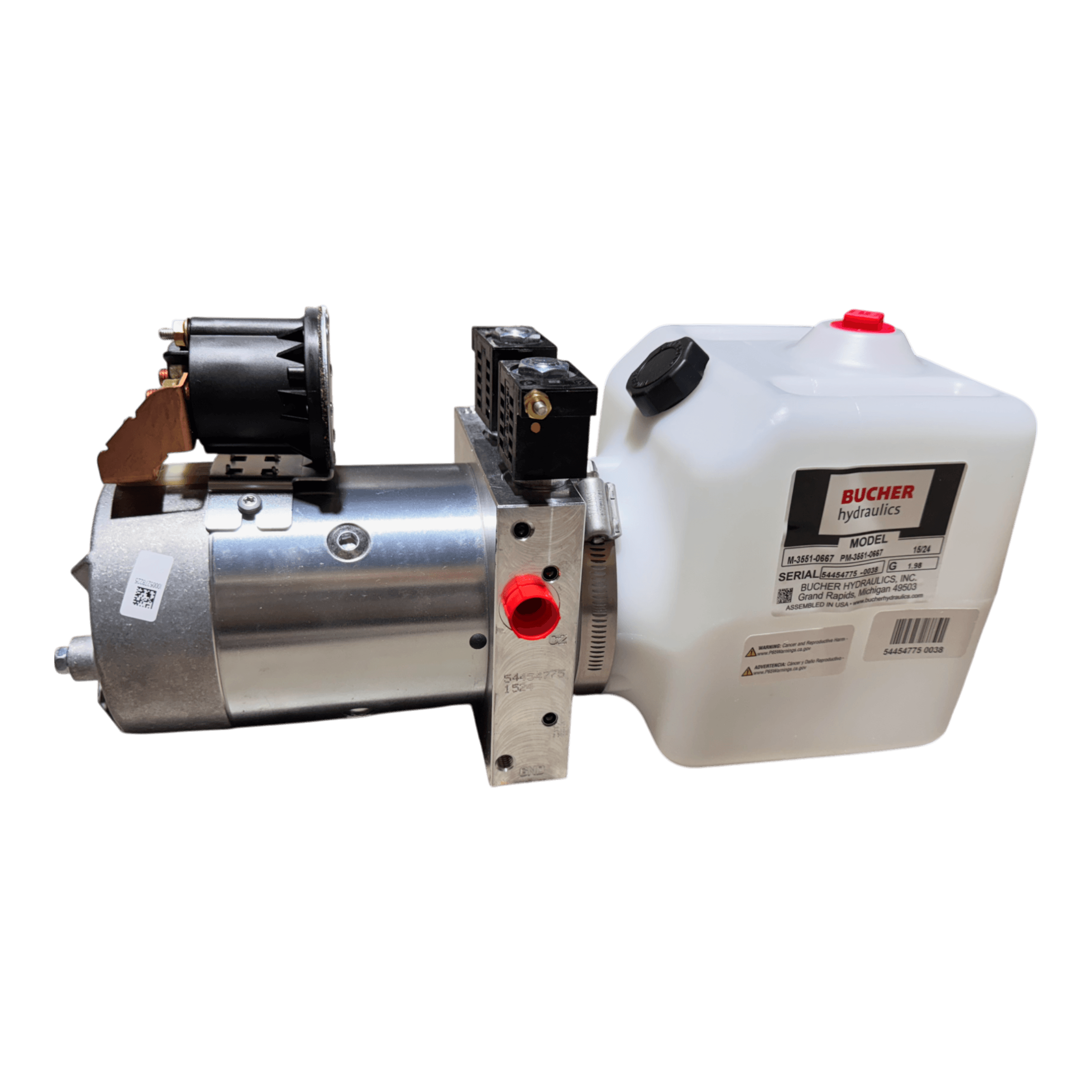 The Bucher Hydraulics, Inc. Bucher Pump 2 Way (Power Up/Power Down) features a 1.5 gal. poly reservoir and 12V DC motor—ideal for double-acting hydraulic applications and comes with control valves on a white background.