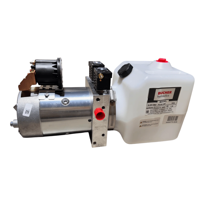 The Bucher Hydraulics, Inc. Bucher Pump 2 Way (Power Up/Power Down) features a 1.5 gal. poly reservoir and 12V DC motor—ideal for double-acting hydraulic applications and comes with control valves on a white background.