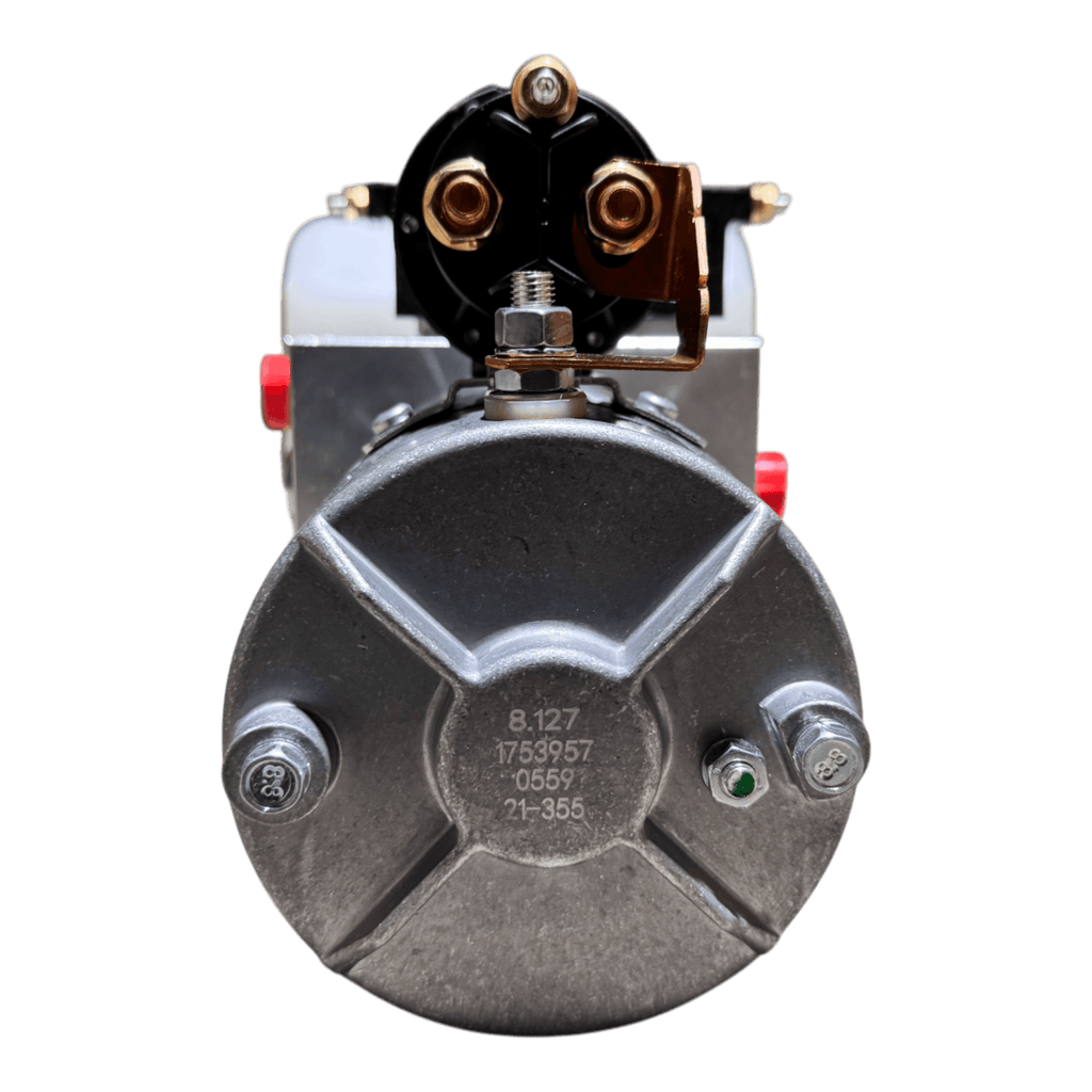 Front view of a Bucher Pump 2 Way (Power Up / Power Down) with 1.5 gal. poly reservoir by Bucher Hydraulics, Inc., showing bolts and terminals similar to those on a 12V DC motor or hydraulic power unit.