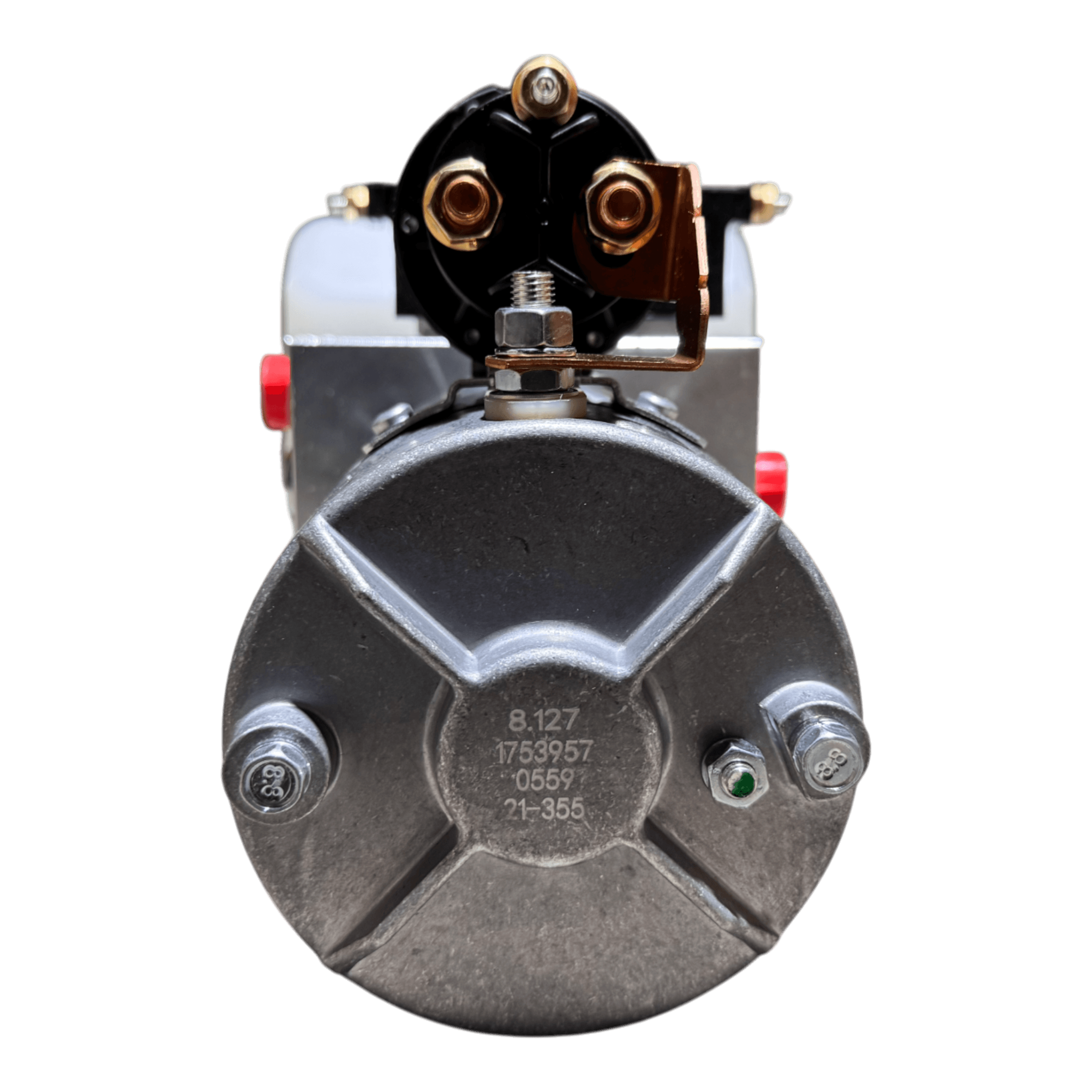 Front view of a Bucher Pump 2 Way (Power Up / Power Down) with 1.5 gal. poly reservoir by Bucher Hydraulics, Inc., showing bolts and terminals similar to those on a 12V DC motor or hydraulic power unit.