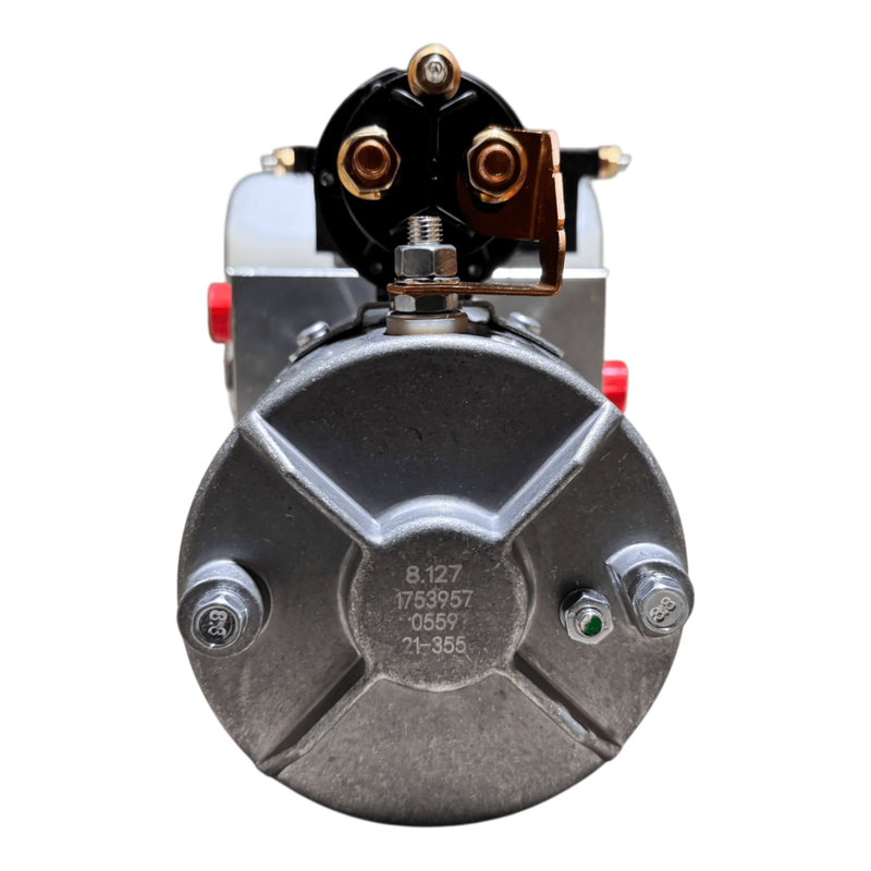 Front view of a Bucher Pump 2 Way (Power Up / Power Down) with 1.5 gal. poly reservoir by Bucher Hydraulics, Inc., showing bolts and terminals similar to those on a 12V DC motor or hydraulic power unit.