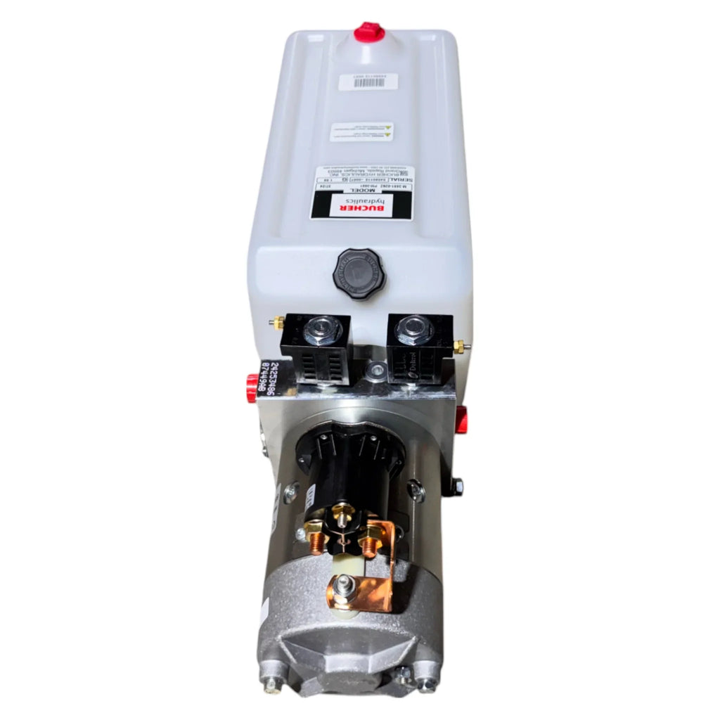 Bucher Hydraulics, Inc. Bucher Pump 2 Way (Power Up / Power Down) with a 2.5 gal. poly reservoir and metallic motor components, viewed from above; ensures reliable performance with integrated control valves.