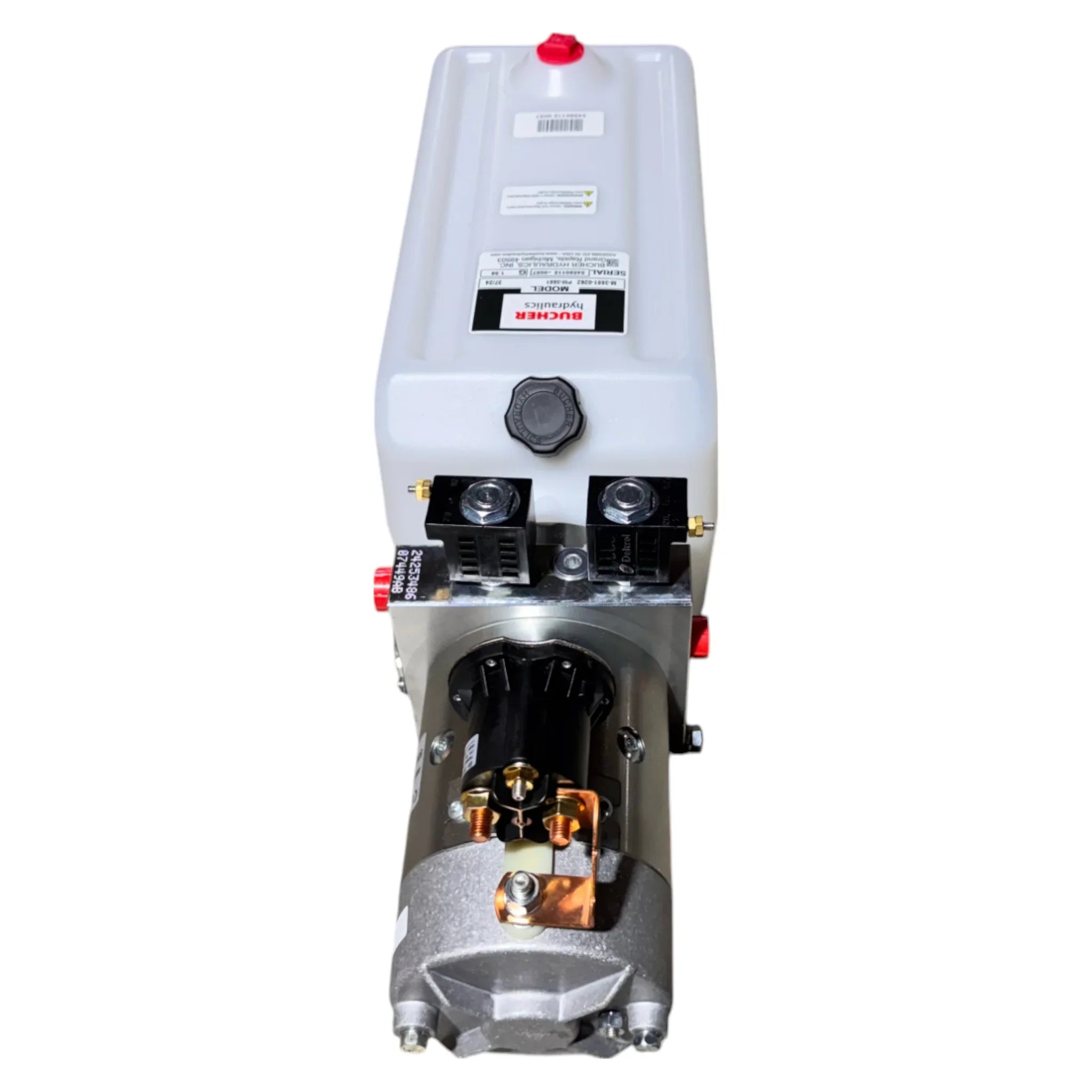 Bucher Hydraulics, Inc. Bucher Pump 2 Way (Power Up / Power Down) with a 2.5 gal. poly reservoir and metallic motor components, viewed from above; ensures reliable performance with integrated control valves.