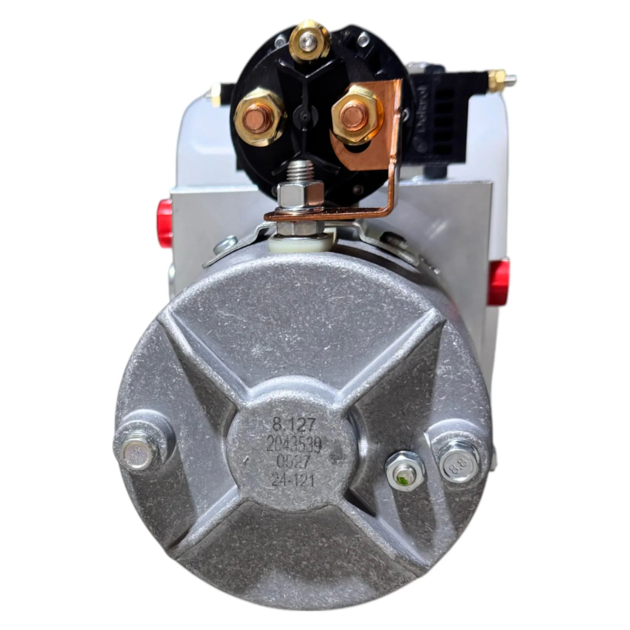 Close-up of a metal automotive starter motor with visible terminals, bolts, and stamped markings, similar to those used in the Bucher Pump 2 Way (Power Up / Power Down) 2.5 gal. Poly Reservoir by Bucher Hydraulics, Inc.