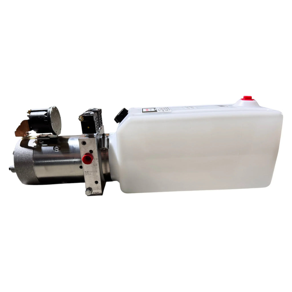 Bucher Hydraulics, Inc. Bucher Pump 2 Way (Power Up / Power Down) with 2.5 gal. poly reservoir, features gauges and control components; shown isolated on white.