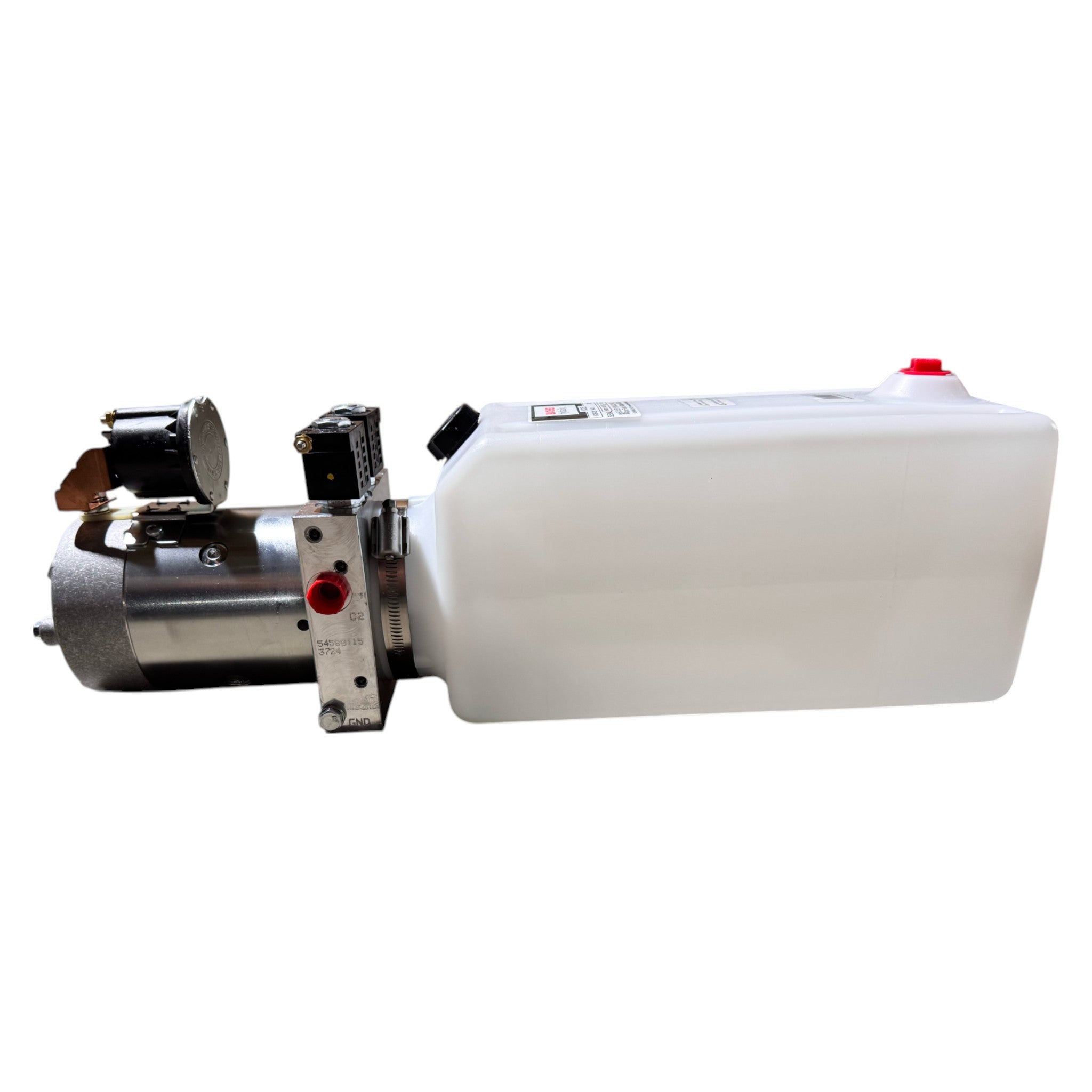 The Bucher Hydraulics, Inc. Bucher Pump 2 Way (Power Up / Power Down) features a 2.5-gal poly reservoir and includes gauges and valves on one end for hydraulic control.