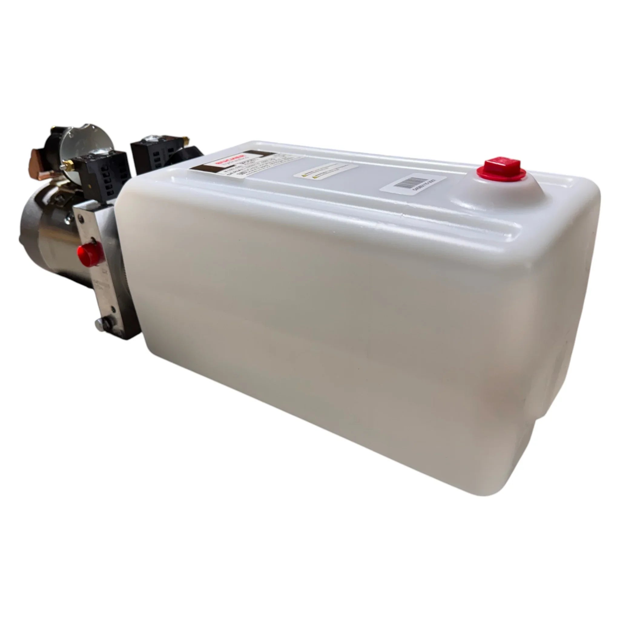 The Bucher Hydraulics, Inc. Pump 2 Way (Power Up / Power Down) features a 2.5 gal. poly (white rectangular plastic) reservoir with motor and red cap, ideal for hydraulic systems needing fluid power storage.