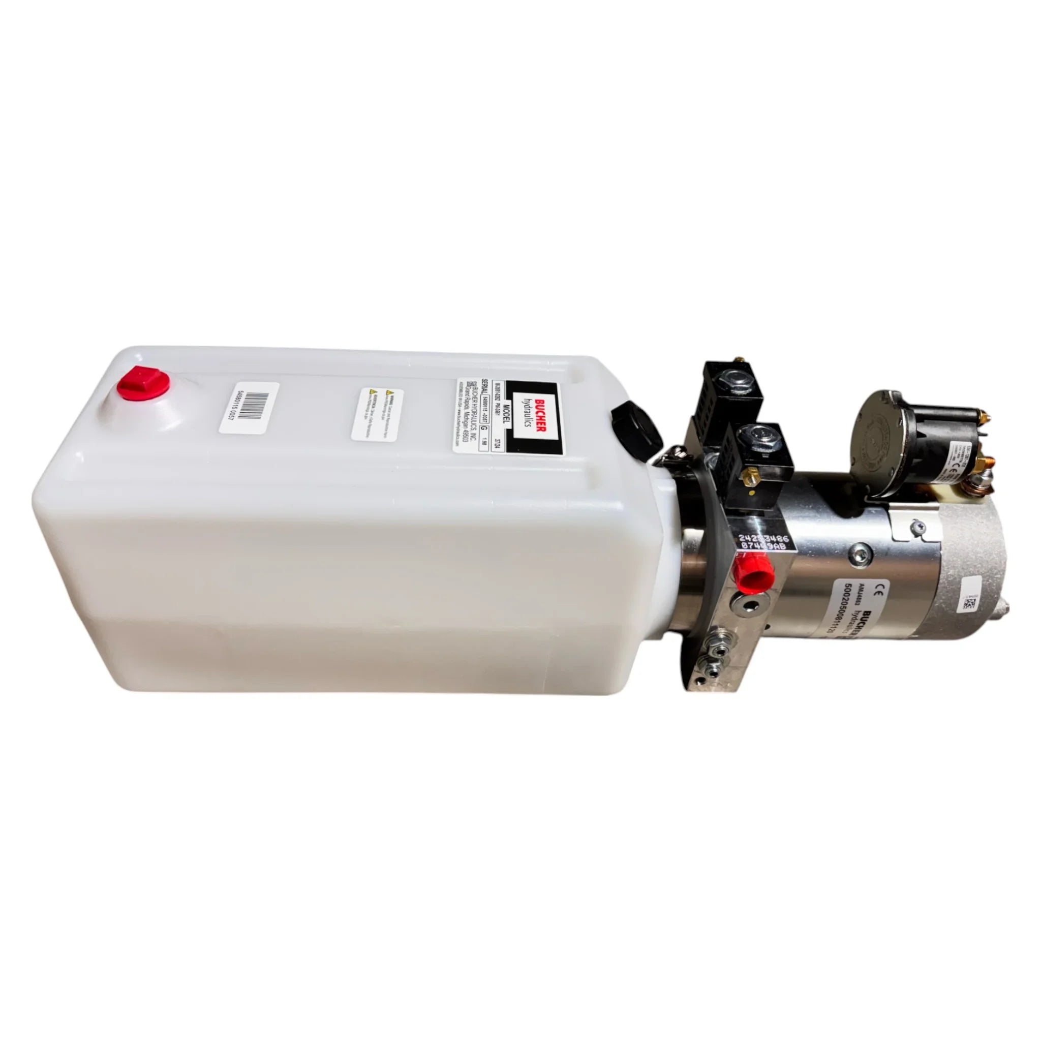 The Bucher Hydraulics, Inc. Bucher Pump 2 Way (Power Up / Power Down) features a 2.5 gal. poly reservoir and metallic motor/pump, designed as a 12V double-acting hydraulic power unit for efficient performance.