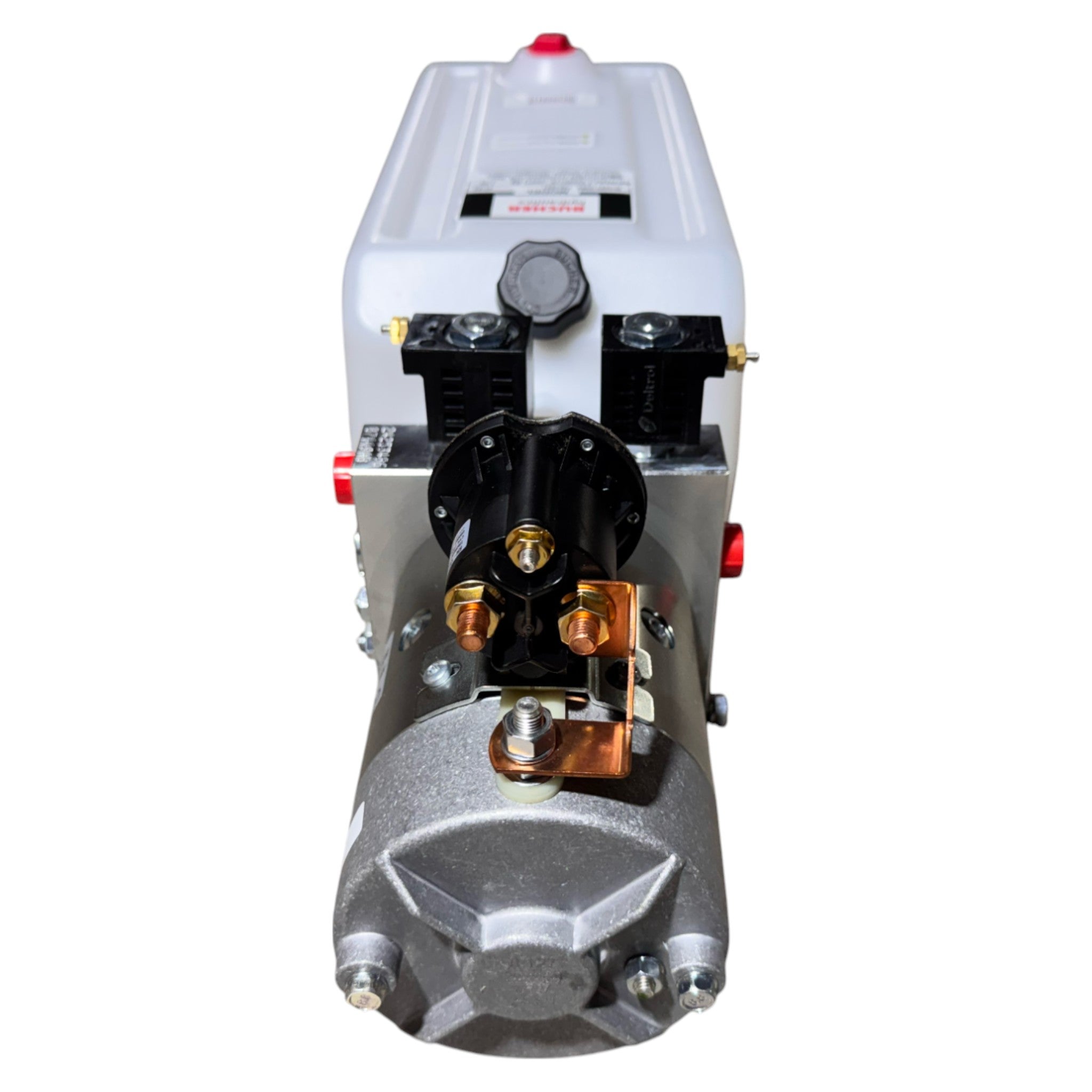 Front view of the Bucher Hydraulics, Inc. Bucher Pump 2 Way (Power Up / Power Down) with a 2.5 gal. poly reservoir, shown with metallic components against a white background.