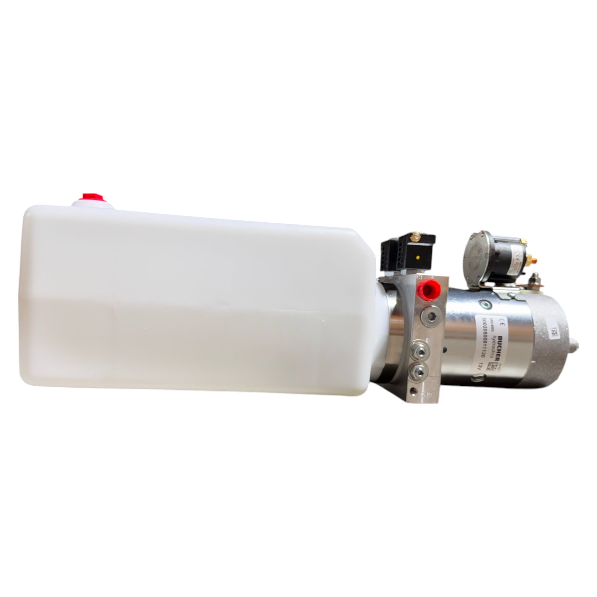 The Bucher Hydraulics, Inc. Pump 2 Way (Power Up / Power Down) features a 2.5 gal. poly reservoir and durable metal motor components on a white background.