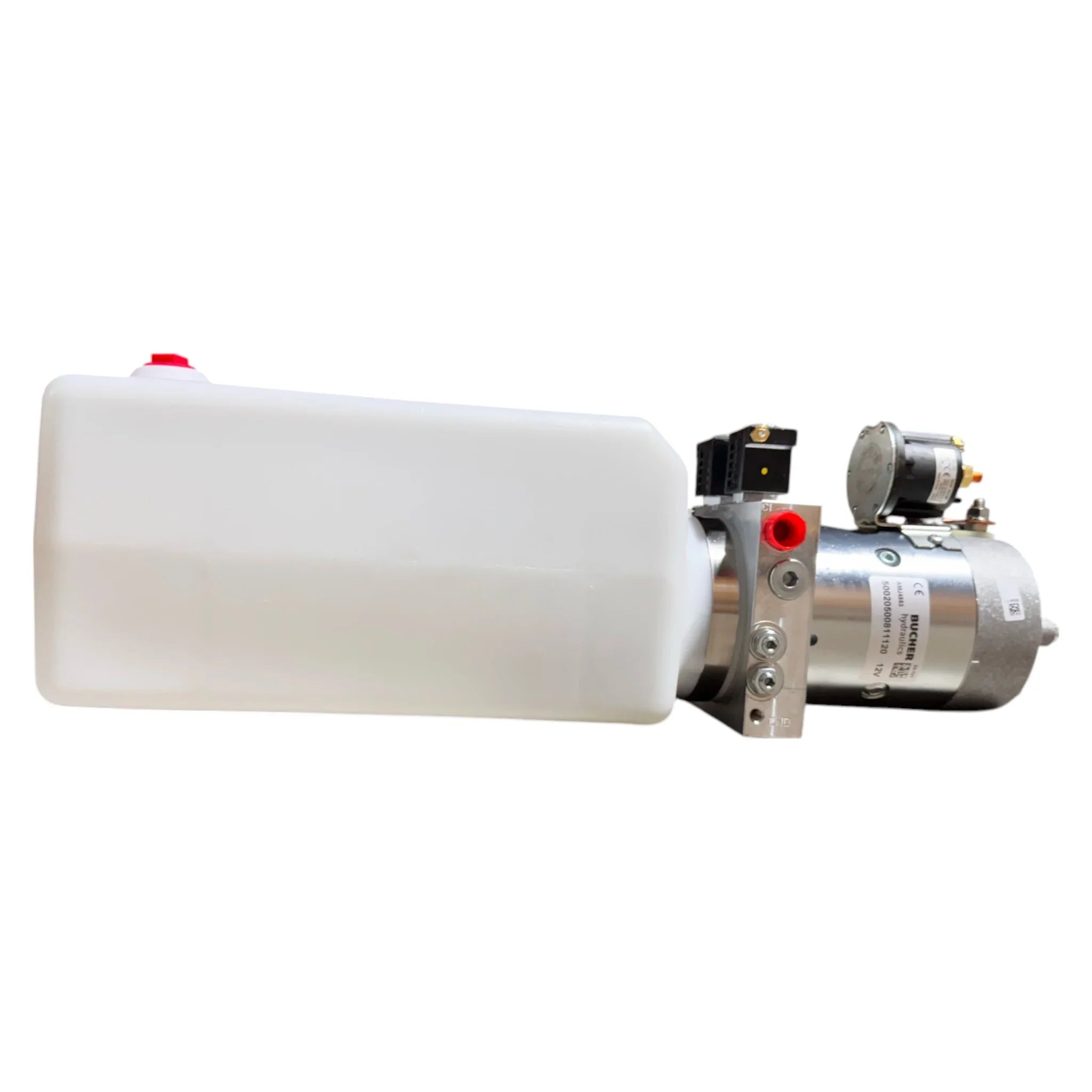 The Bucher Pump 2 Way (Power Up / Power Down) by Bucher Hydraulics, Inc. features a 2.5 gal. poly reservoir and metal motor components in a 12V hydraulic power unit design, shown on a white background.