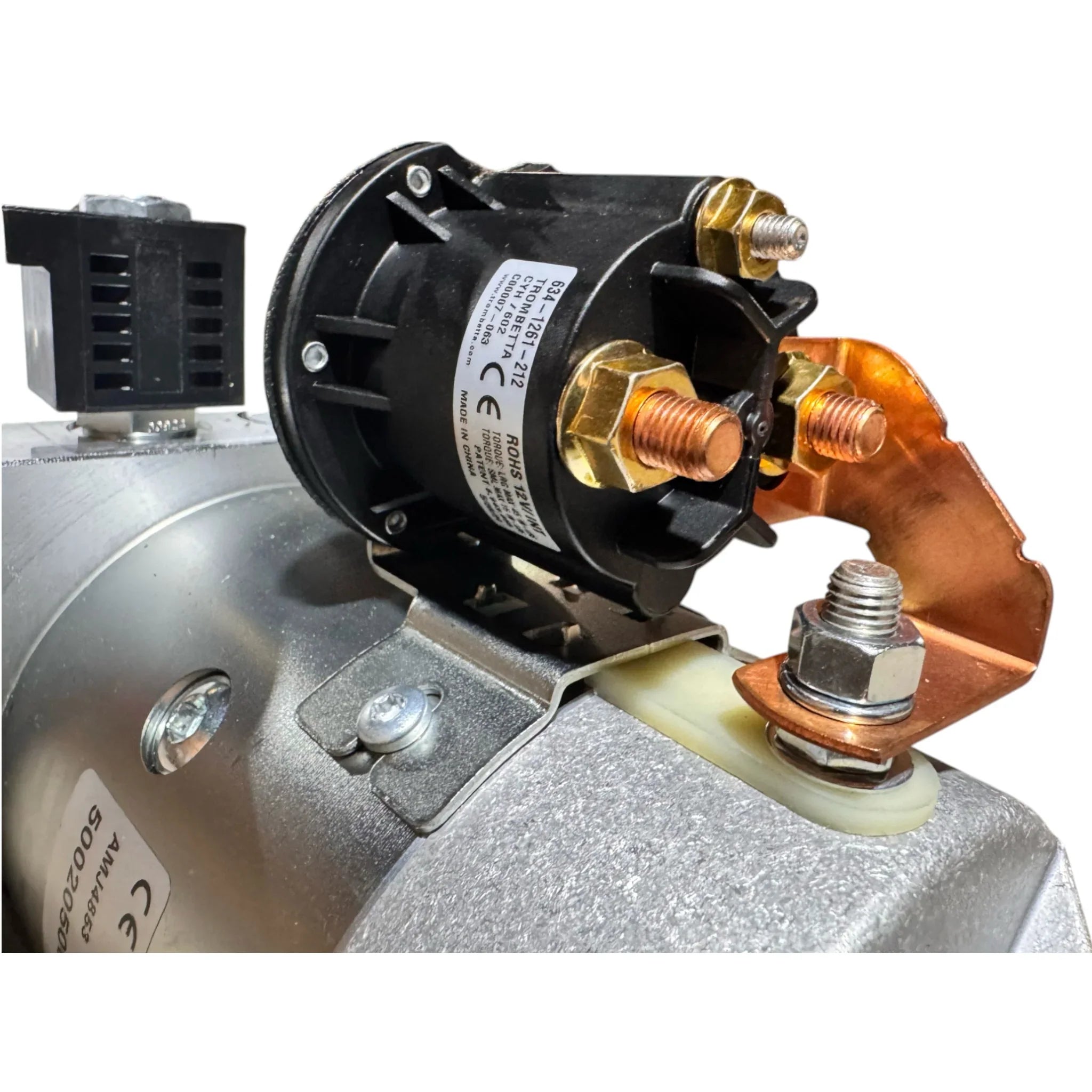 Close-up of a Bucher Hydraulics, Inc. Bucher Pump 2 Way (Power Up/Power Down) with 2.5 gal. poly reservoir, showing metal bolts and copper connectors—common features in industrial 12V hydraulic power units.