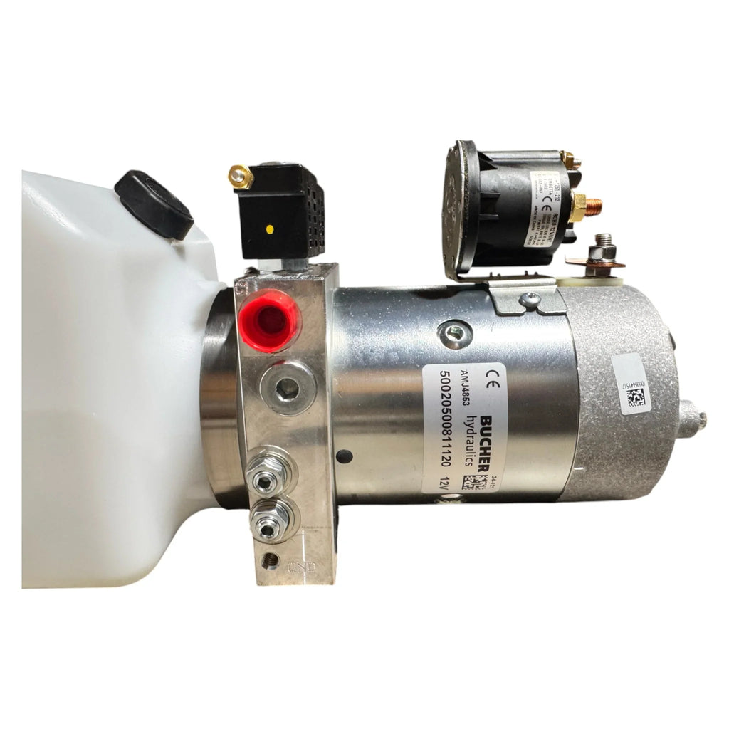Close-up of the Bucher Pump 2 Way (Power Up / Power Down) with 2.5 gal. poly reservoir by Bucher Hydraulics, Inc., featuring a motor and connectors for versatile hydraulic applications.