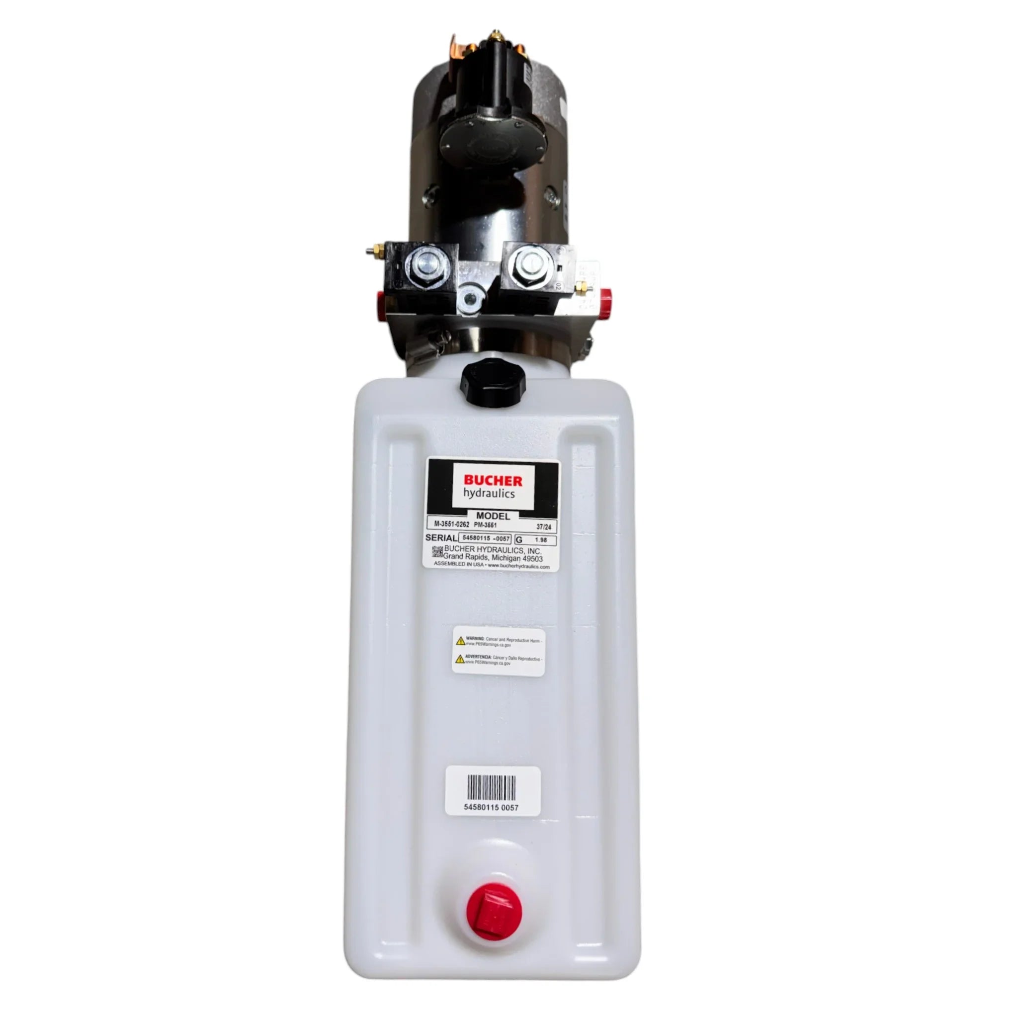 The Bucher Pump 2 Way features a vertical 12V hydraulic unit with a 2.5 gal. poly reservoir, black motor on top, and red bottom cap. Brand: Bucher Hydraulics, Inc.