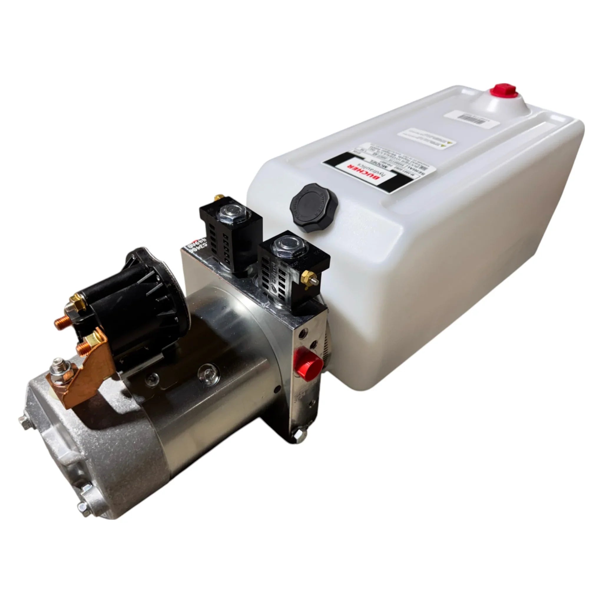 The Bucher Pump 2 Way (Power Up / Power Down) hydraulic power unit by Bucher Hydraulics, Inc. features a 12V metal pump assembly and 2.5 gal. poly reservoir, shown on a white background.