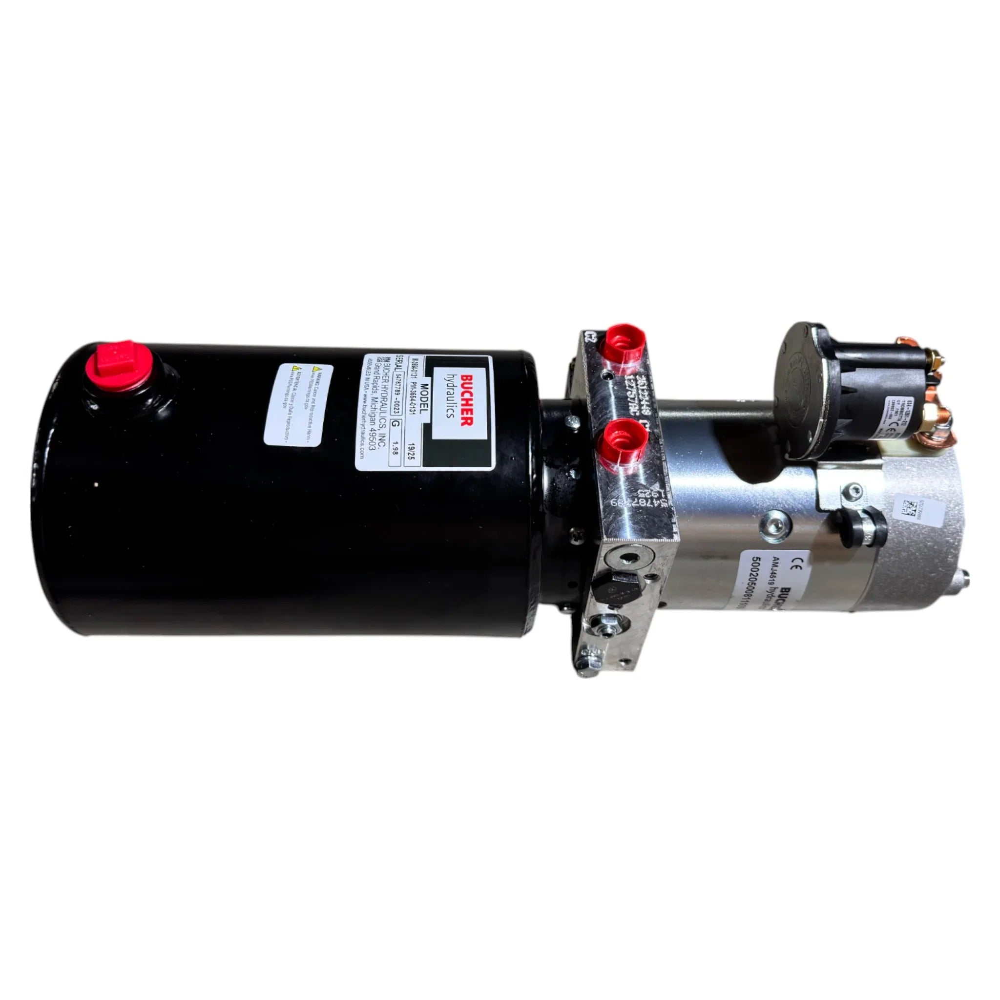 The Bucher Dual Action (Power Up / Power Down) Hydraulic Pump by Bucher Hydraulics, Inc. features a black and silver design with red caps and warning labels, ideal for agricultural hydraulic power applications, shown on a white background.
