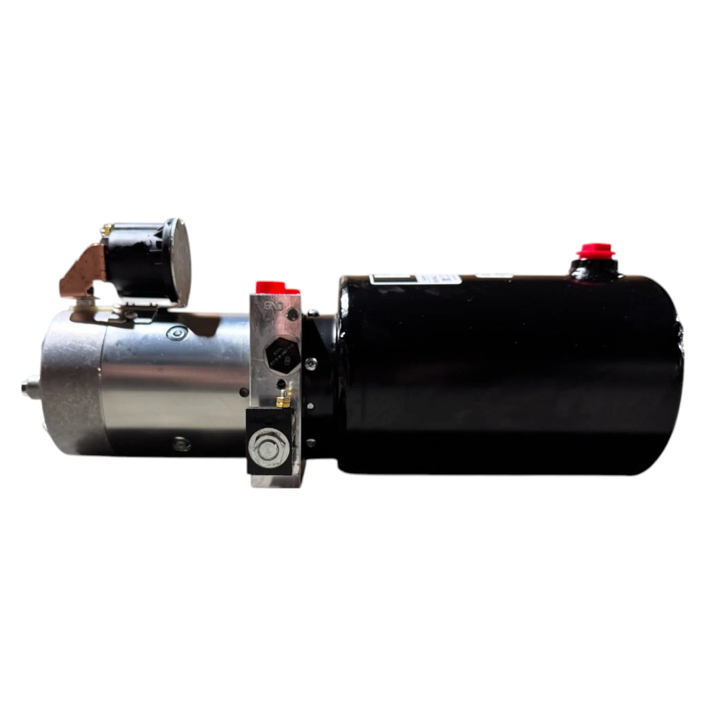 The Bucher Dual Action (Power Up / Power Down) Hydraulic Pump by Bucher Hydraulics, Inc. features a black and silver design with a visible motor, dual action pump, and control valve shown on a white background.