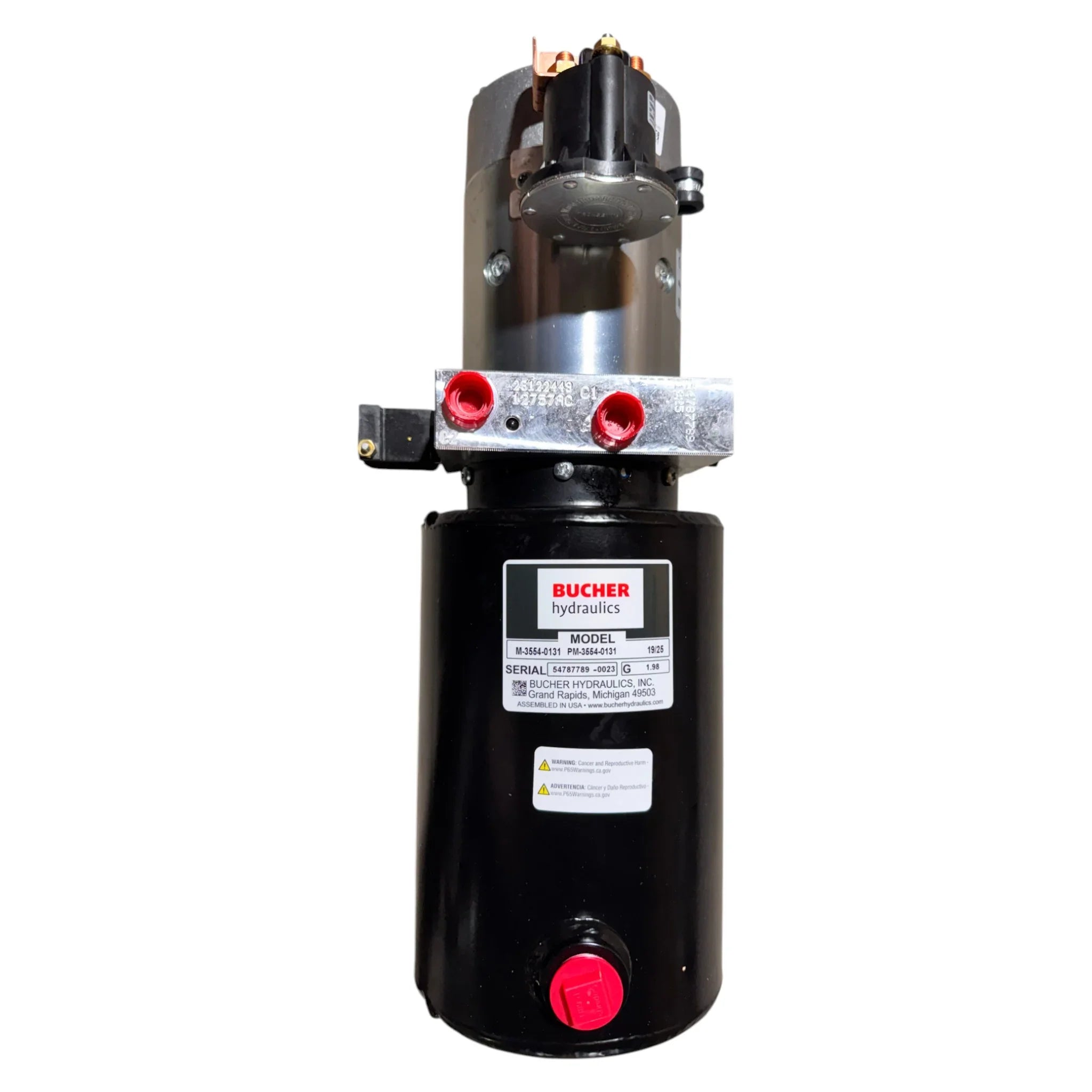 The Bucher Dual Action (Power Up / Power Down) Hydraulic Pump by Bucher Hydraulics, Inc. features labeled ports with red caps and is ideal as a hydraulic bale spear pump, displayed against a white background.