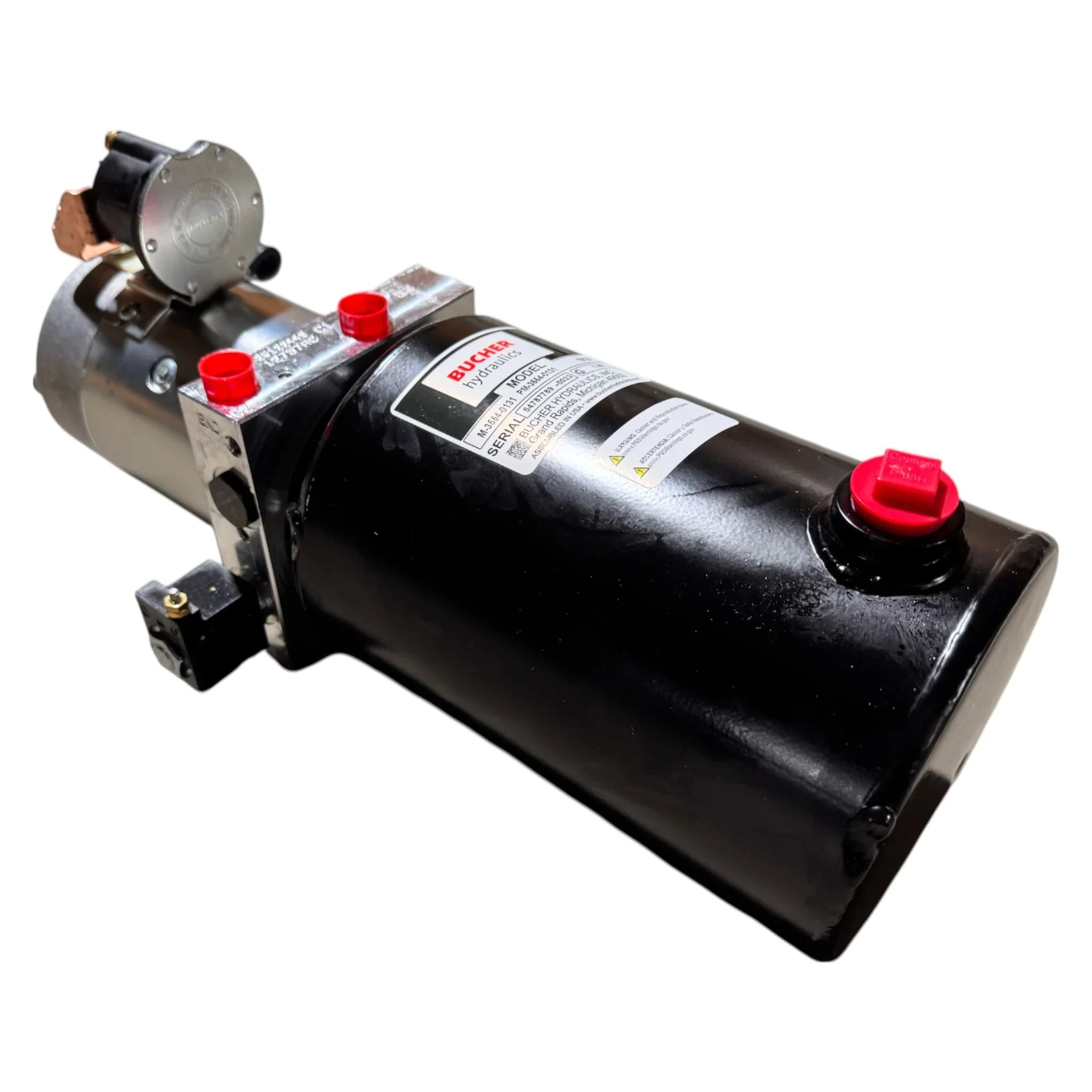 The Bucher Dual Action (Power Up / Power Down) Hydraulic Pump by Bucher Hydraulics, Inc. features a black body with red caps, a label, and metal and plastic parts—all displayed on a white background.