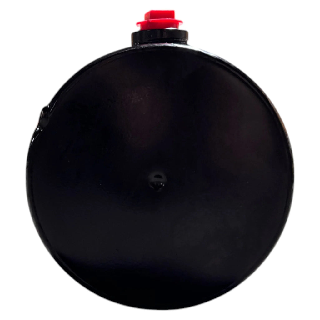 The Bucher Dual Action (Power Up / Power Down) Hydraulic Pump by Bucher Hydraulics, Inc. is a black circular unit with a small red button on top, shown against a white background.