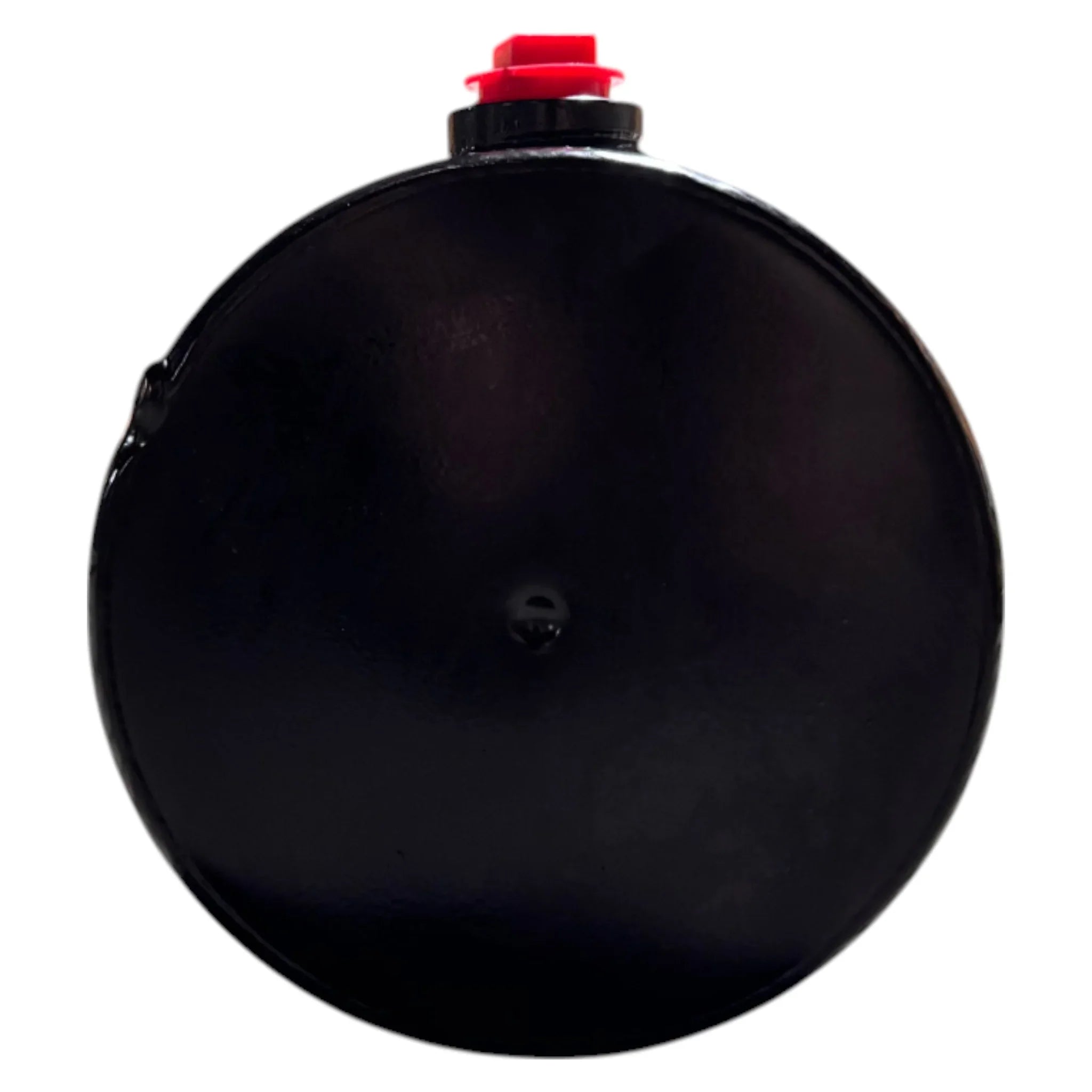 The Bucher Dual Action (Power Up / Power Down) Hydraulic Pump by Bucher Hydraulics, Inc. is a black circular unit with a small red button on top, shown against a white background.