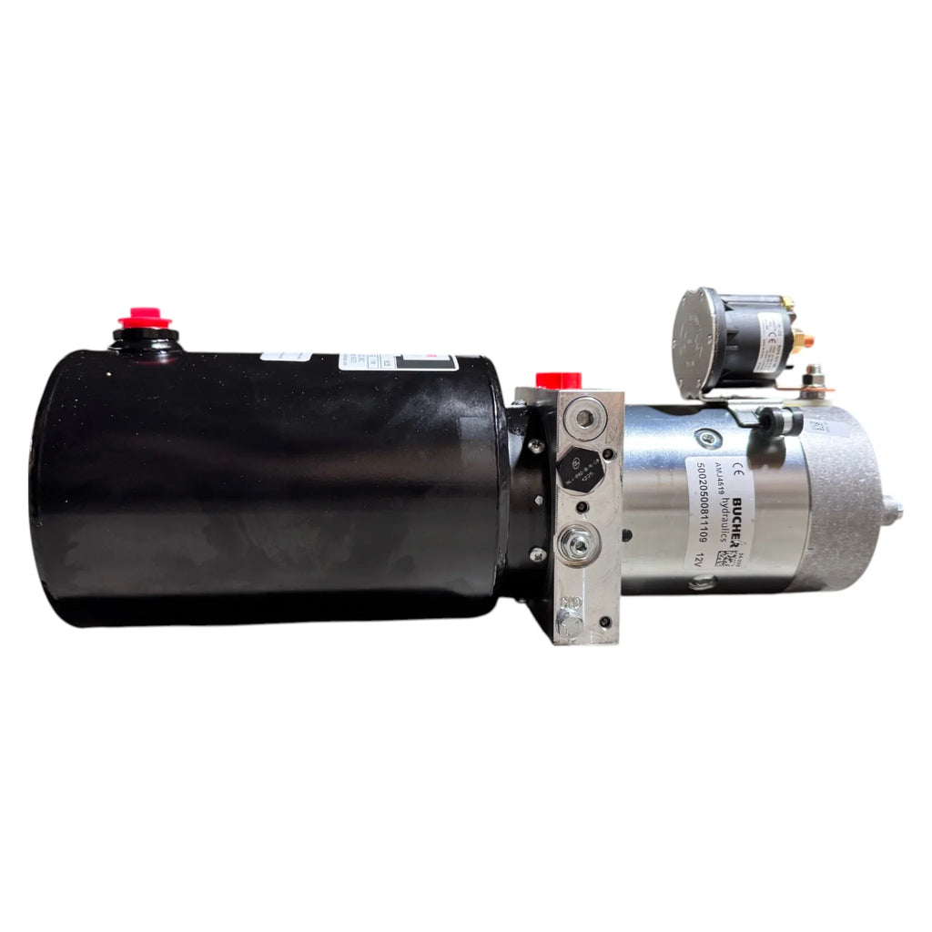 Side view of the Bucher Dual Action (Power Up / Power Down) Hydraulic Pump by Bucher Hydraulics, Inc., featuring a black cylindrical tank and metallic motor, ideal for use as a dual action hydraulic pump or hydraulic bale spear pump.