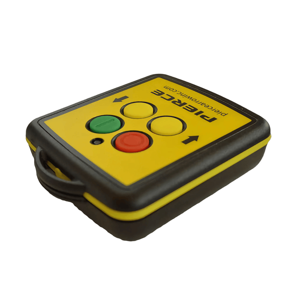 The Lodar LTD 2 Function Wireless Remote Control System operates at 433 MHz and is designed for 12/24V solenoid-equipped devices. Features yellow and black housing with four round buttons: red, green, and two yellow.