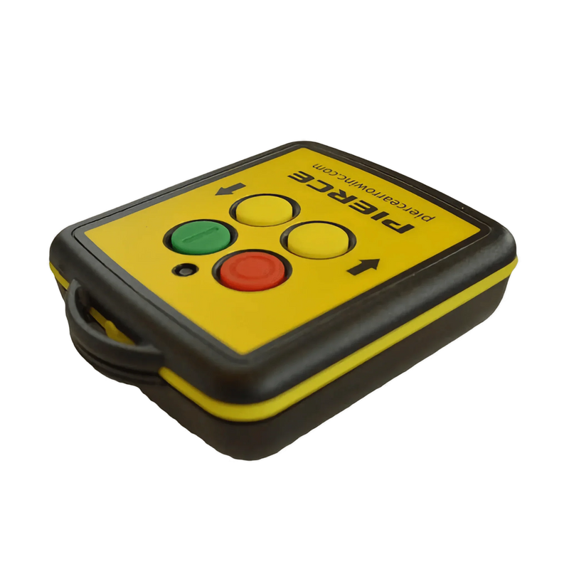 The Lodar LTD 2 Function Wireless Remote Control System operates at 433 MHz and is designed for 12/24V solenoid-equipped devices. Features yellow and black housing with four round buttons: red, green, and two yellow.